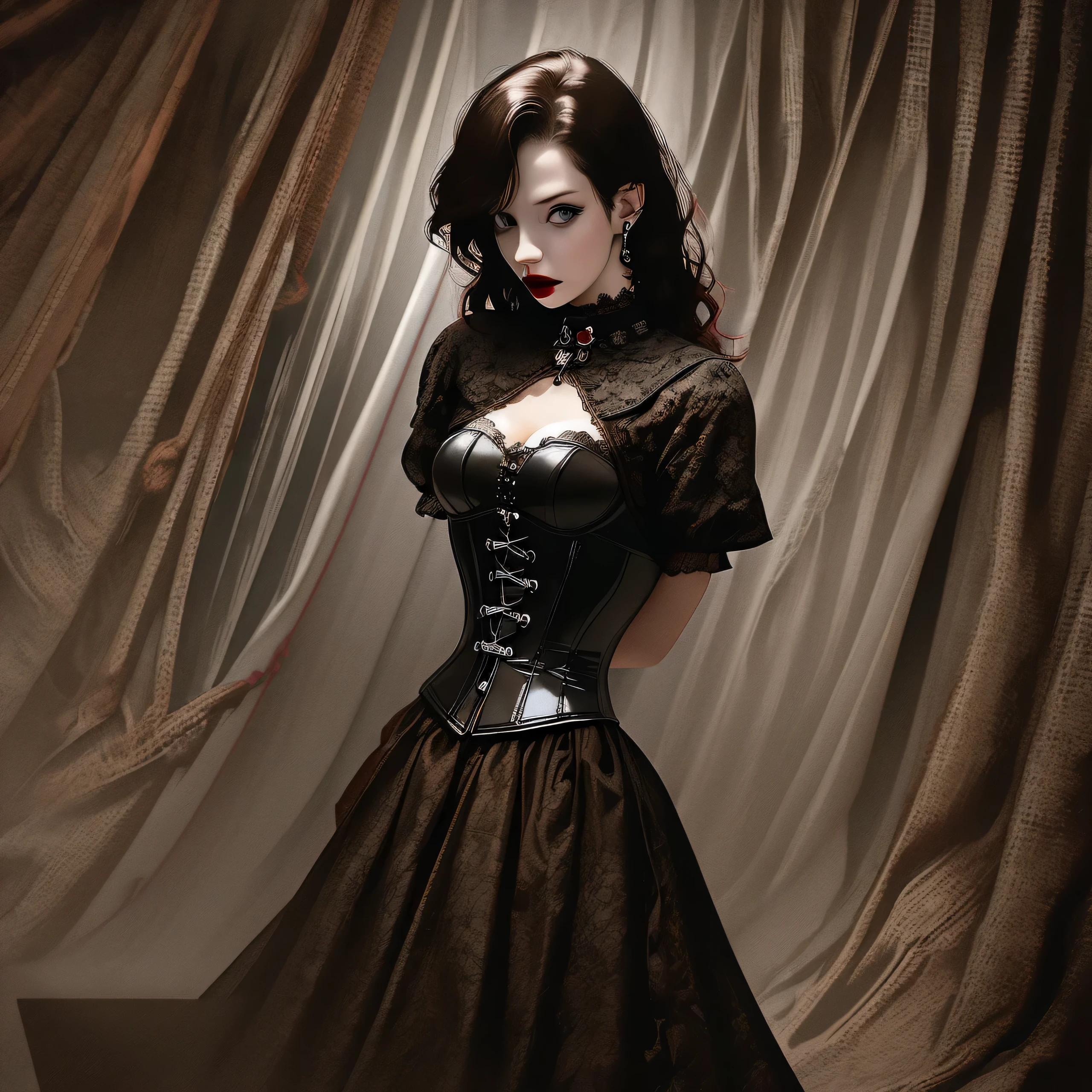 (best quality,ultra-detailed,realistic:1.37),gothic girl,black latex dress,tight corset,beautiful detailed eyes,red lipstick,pale skin,black long hair,piercings,slave collar,bound hands,gagged mouth,sidesuspension,dark and moody lighting,faint candlelight,vivid colors,horror style