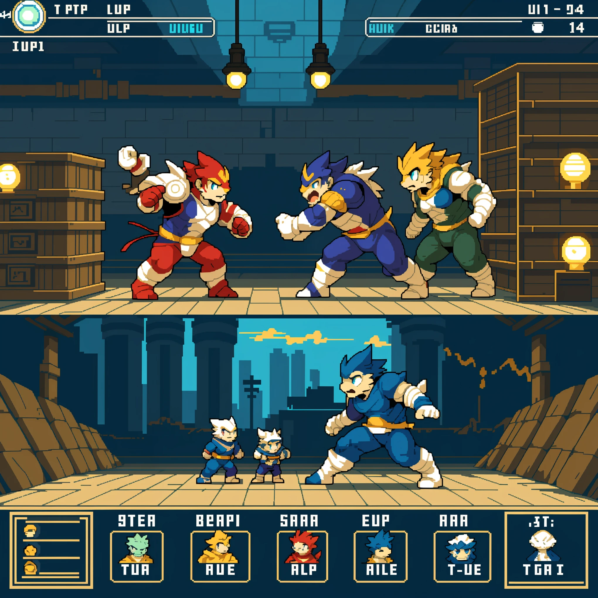 highres, absurdres(highly detailed beautiful face and eyes)perfect anatomy(kemono, furry anthro)(super handsome 2boys, pair)good lighting, cinematic shadow, detailed background, User Interface of Fighting game, dots game, pixel art, dungeon, Crisis, assorted poses, assorted expression, full body, sound effects, motion blur, from side,
