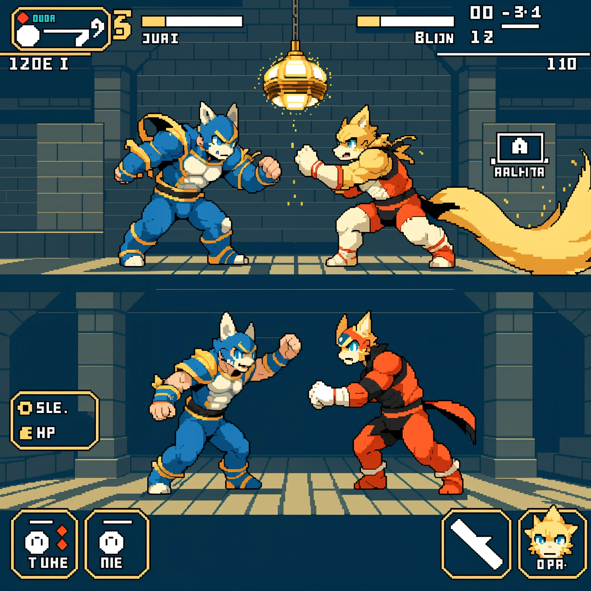 highres, absurdres(highly detailed beautiful face and eyes)perfect anatomy(kemono, furry anthro)(super handsome 2boys, pair)good lighting, cinematic shadow, detailed background, User Interface of Fighting game, dots game, pixel art, dungeon, Crisis, assorted poses, assorted expression, full body, sound effects, motion blur, from side,