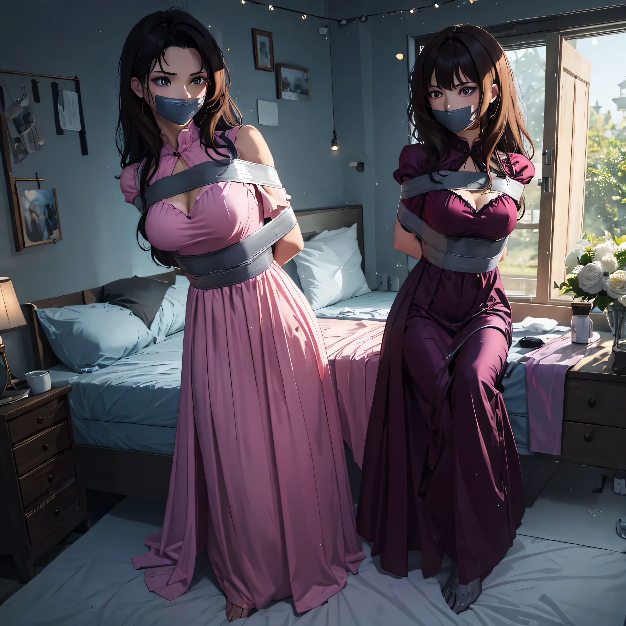 (bright lighting,romantic setting),dreamy background,bondage,dark hair, mesmerizing gaze, , soft skin, alluring beauty, artistic portrait, high-quality image, vibrant colors,translucent long silk gown, in the bed,tape bondage,tape gag, mosquito net,