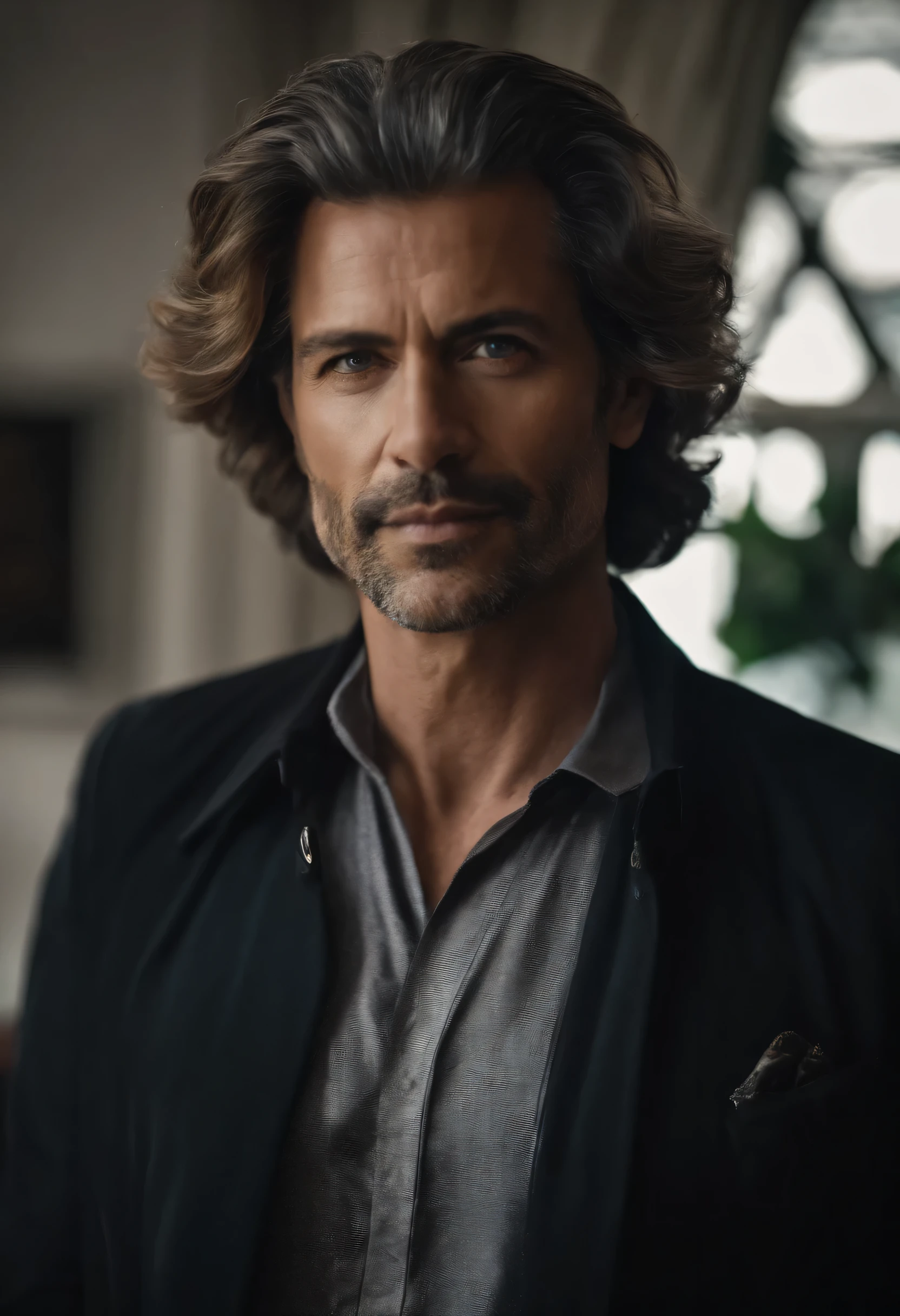 Homem de 40 anos, com cabelo de corte social grisalho, usando uma farda de xerife, tom de pele branca, olhos castanhos escuros