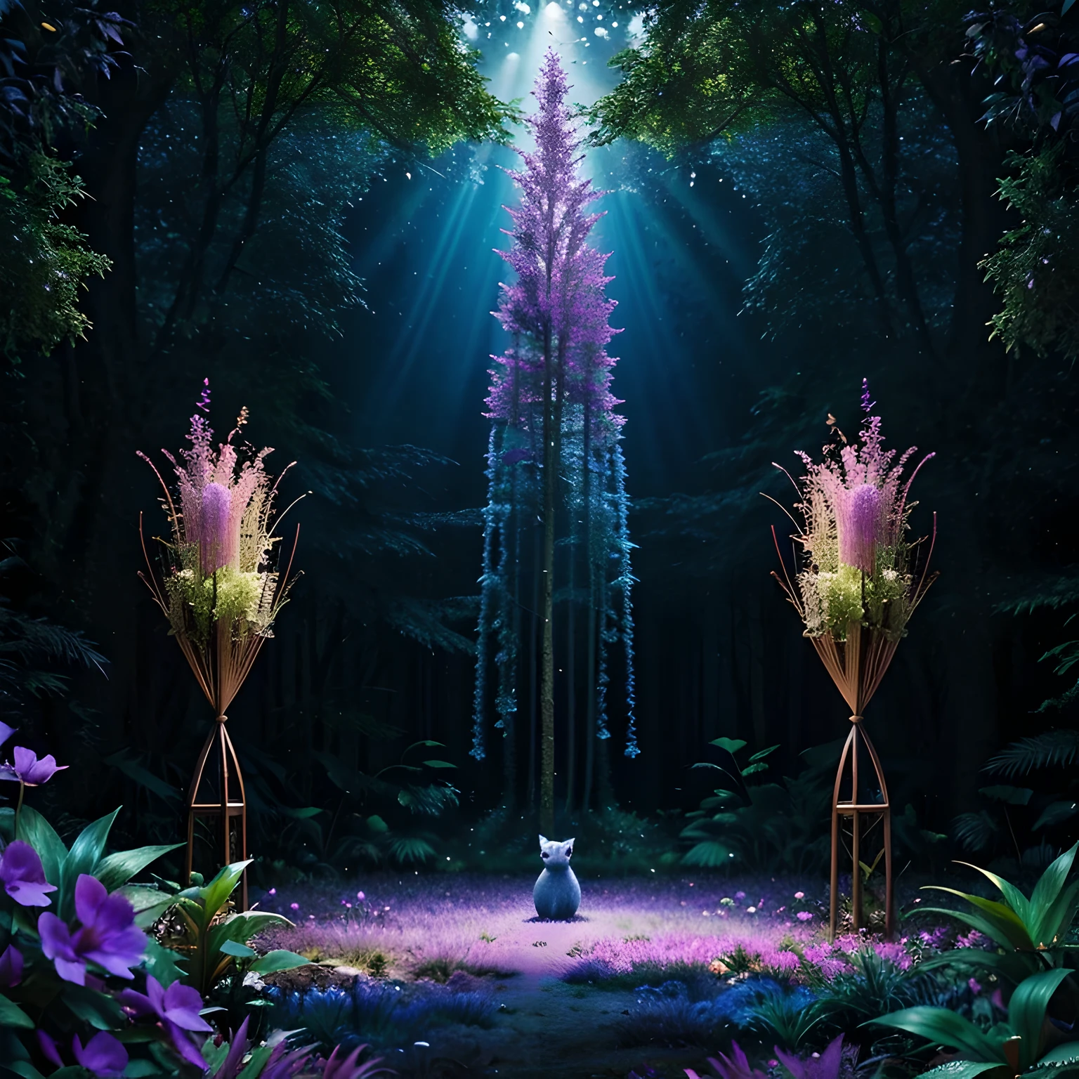 lush forest and plantlife, real, detailed, 8k, highquality, an enchanting and dreamy scene of fantasy/alien forest, creating a sense of mystique and enchantment, award winning photography, lots of blues and purples, depth of field, photorealist, crystals, bright happy colors, dog