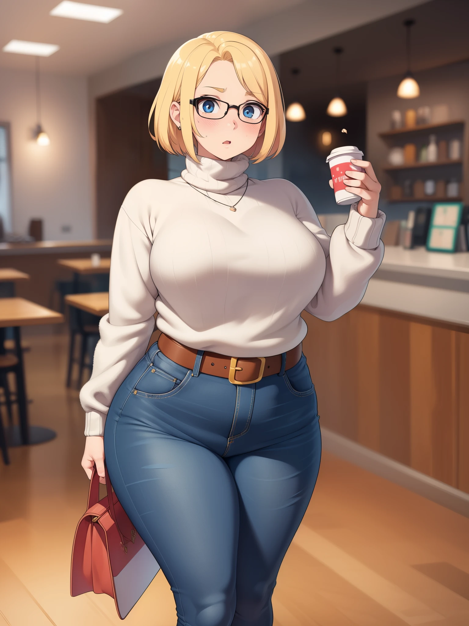 ((Masterpiece)), perfect anatomy, perfect shading, field of depth, (best quality), extremely delicate and beautiful, perfect lighting, detailed face, ultra cute face, cute, (cowboy shot 1.2), full body, (((1girl))), ((solo)), looking at viewer,
short hair, fluffy hair, blonde hair, blue eyes, Glasses, ((blush)), shy, nervous, embarrassed, (black turtleneck sweater 1.5), (jeans 1.2), belt, extremely tight clothes, medium breasts, ((wide hips)), ((thick thighs)), (((chubby))),
coffee shop, intricate background, detailed background, hand on hip,