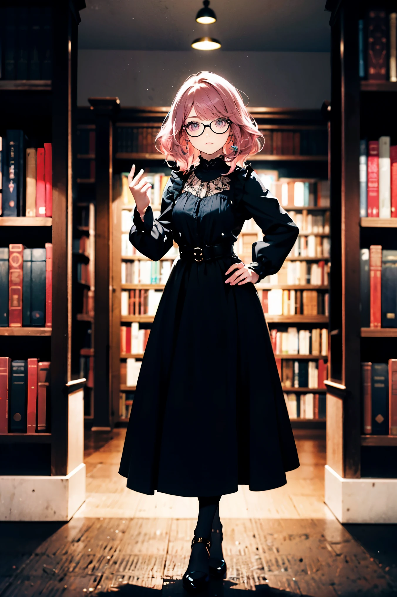 one beautiful girl, detailed beautiful hair, detailed beautiful eyes, cosmic eyes, glasses, pink hair,long black dress, standing, full body, hand on hip, dramatic lighting, Rembrandt lighting, library, bookshelves