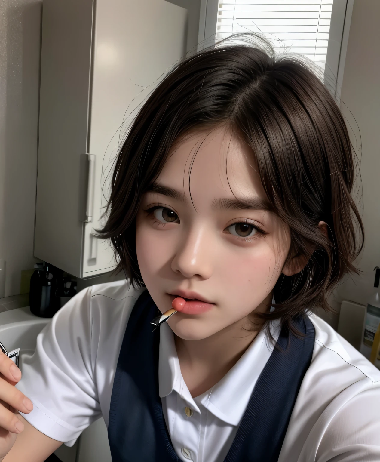Chico con uniforme escolar, in gray uniform in a bathroom, fumando, con un cigarrillo en los labios, chico guapo, very pale, ojos grises, realista, chico realista, dim lighting, uniforme escolar sencillo, fumando un 🚬, uniforme de escuela, uniforme de escuela casual, guapo, encendiendo un cigarro, uzzang, cute brown hair.