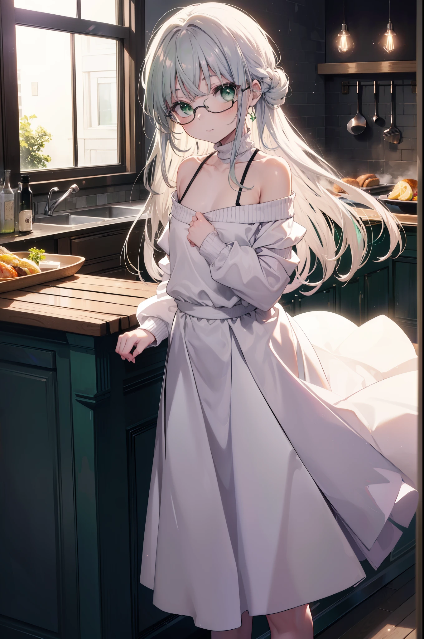 index, index, (green eyes:1.5), silver hair, long hair, (flat chest:1.2),smile,blush,off shoulder sweater,bare shoulders,bare clavicle,bare neck pink apron,skinny pants,Black Abyss glasses,kitchenでフライパンでパスタを料理をする,
break looking at viewer, Upper body, full body,
break indoors, kitchen,kitchen,
break (masterpiece:1.2), highest quality, High resolution, unity 8k wallpaper, (figure:0.8), (beautiful and fine eyes:1.6), highly detailed face, perfect lighting, Very detailed CG, (perfect hands, perfect anatomy),
