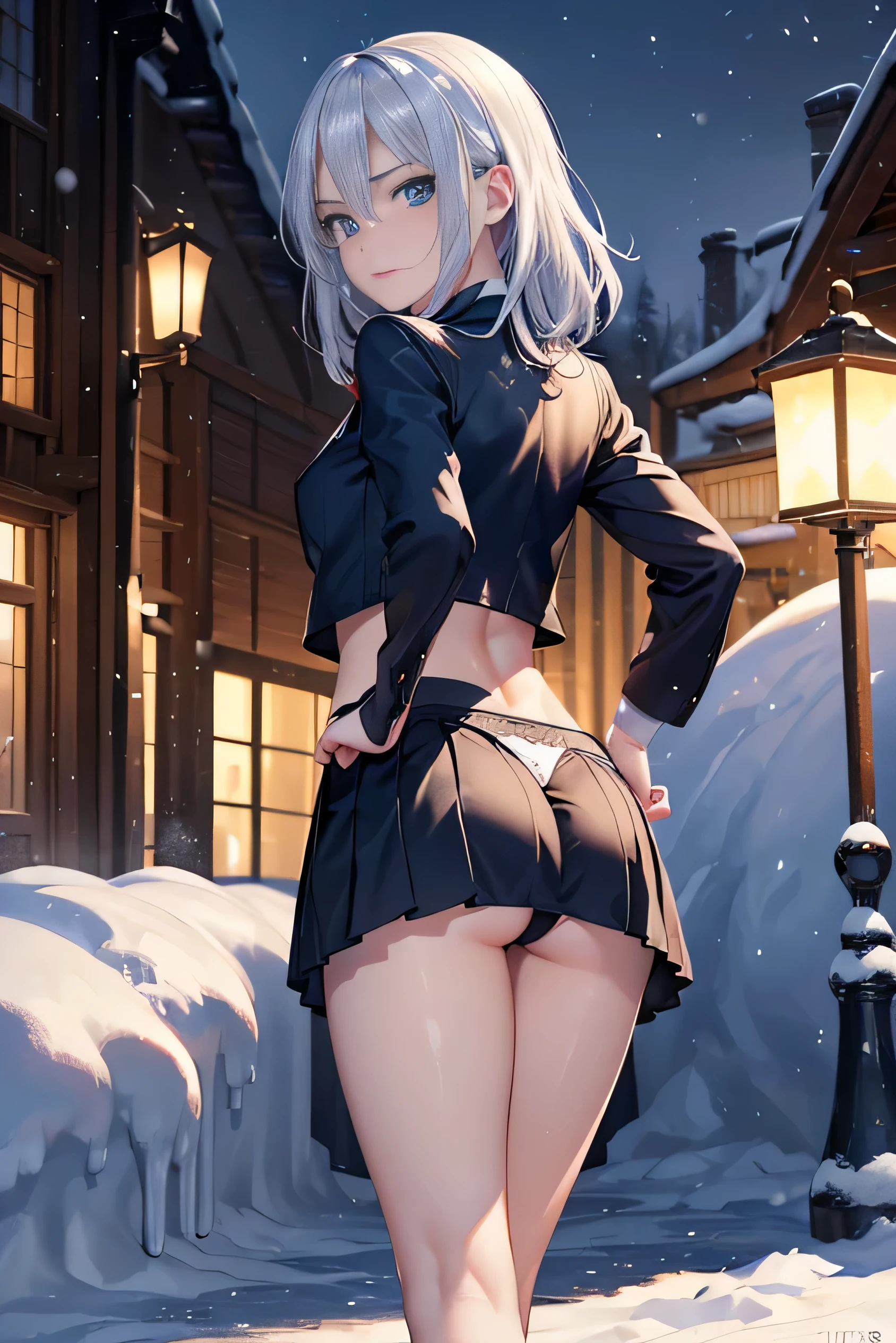 (photorealistic:1.8, highest quality:1.8,8K masterpiece:1.8,High resolution,muste piece:1.8),snow mountainに立つ1人の23歳の女性,cyber punk,(flare skirt,navy blue battle uniform、choker), detailed eyes:1.7,double eyelid:1.6,detailed eyes:1.8,beautiful skin:1.8, (looking at the camera:1.2),(photo seen from behind:1.3),(Medium Hair:1.2,bright platinum hair:1.5), expression(Glaring:1.3),(Moderate chest:1.3),Pause(Seductive pose:1.5),background(snow scene:1.5,snow mountain:1.3,Ski resort),(slender, abs:1.2),(Underwear visible through clothing),(detailed perfect face),normal hands:1.5,normal finger:1:5,normal feet:1.5,(cameltoe)