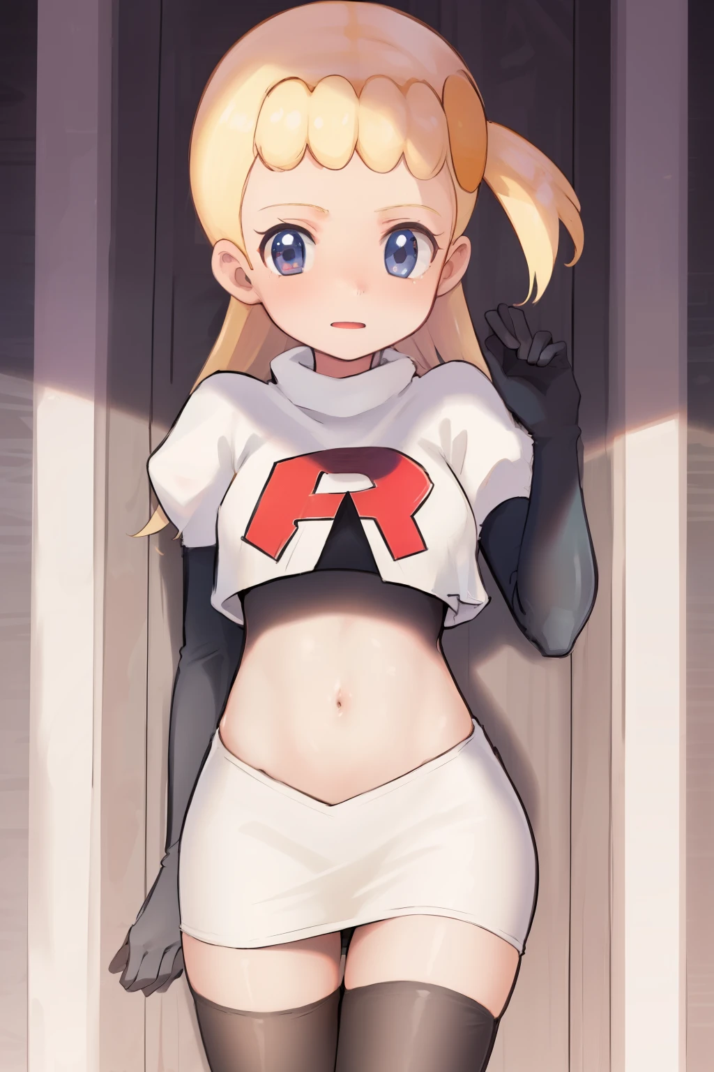 8k, anime screencap,1girl in, (Solo:1.2), (Perfect body:1.1), (Best Quality:1.1),team rocket,team rocket uniform,red letter R, white skirt,crop top, black thigh-highs,black elbow gloves,, ooking at viewer, Bonnie