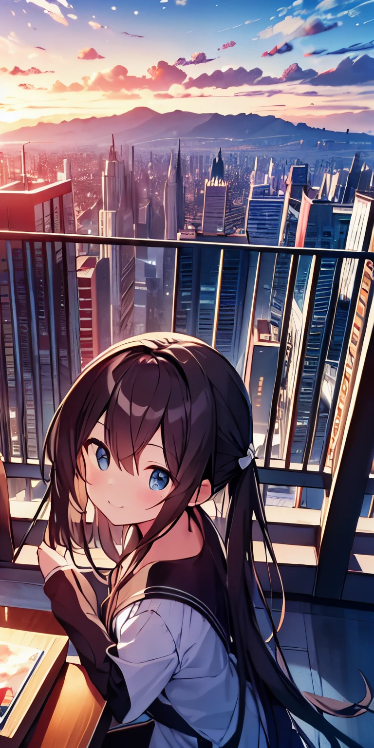 table top, highest quality,figure, wallpaper, ultra detail,、Overlooking the city from the top of the hill、the sunset is beautiful