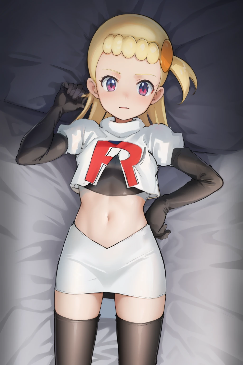 8k, anime screencap,1girl in, (Solo:1.2), (Perfect body:1.1), (Best Quality:1.1),team rocket,team rocket uniform,red letter R, white skirt,crop top, black thigh-highs,black elbow gloves,, ooking at viewer, Bonnie