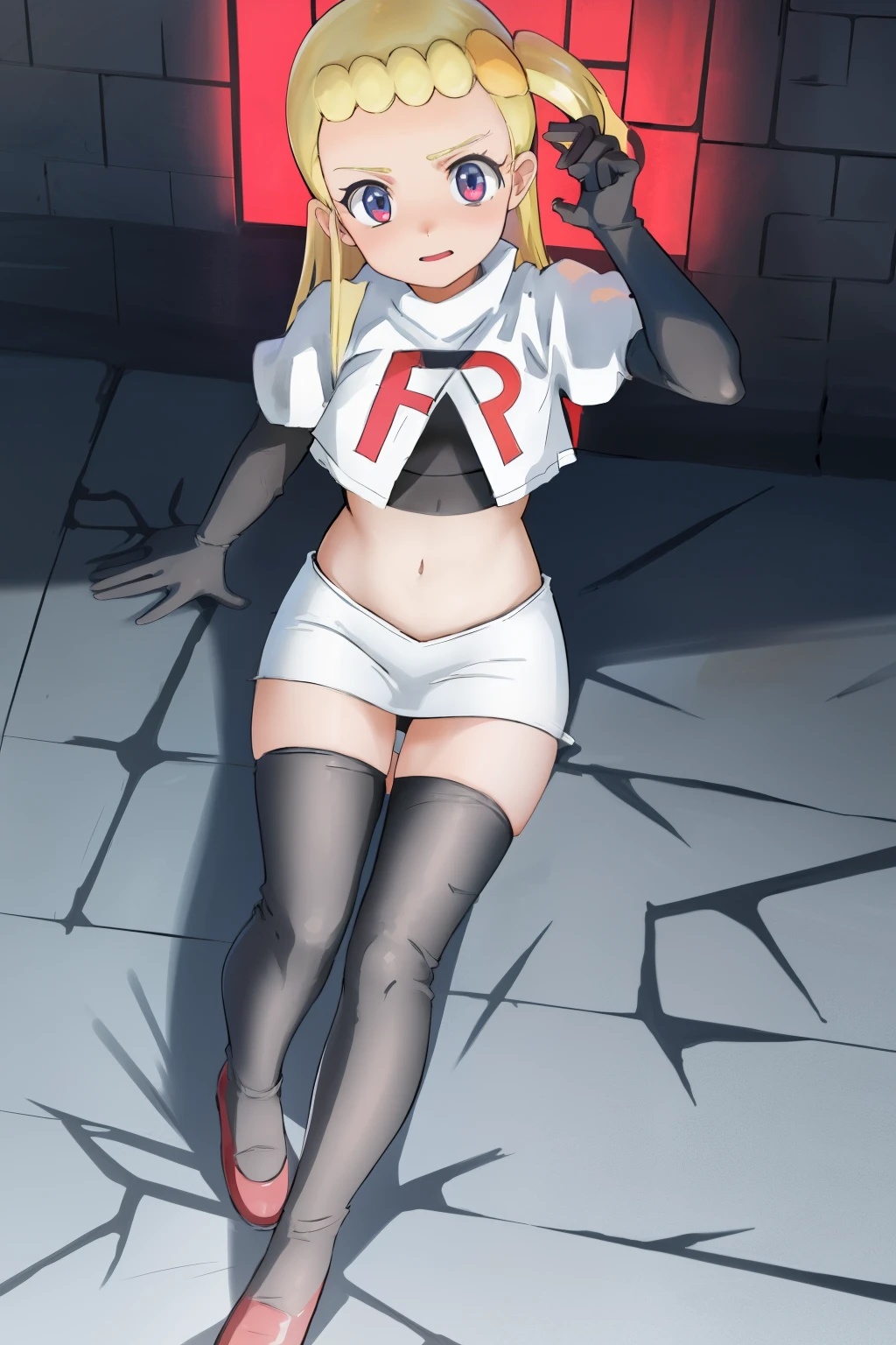 8k, anime screencap,1girl in, (Solo:1.2), (Perfect body:1.1), (Best Quality:1.1),team rocket,team rocket uniform,red letter R, white skirt,crop top, black thigh-highs,black elbow gloves,, ooking at viewer, Bonnie