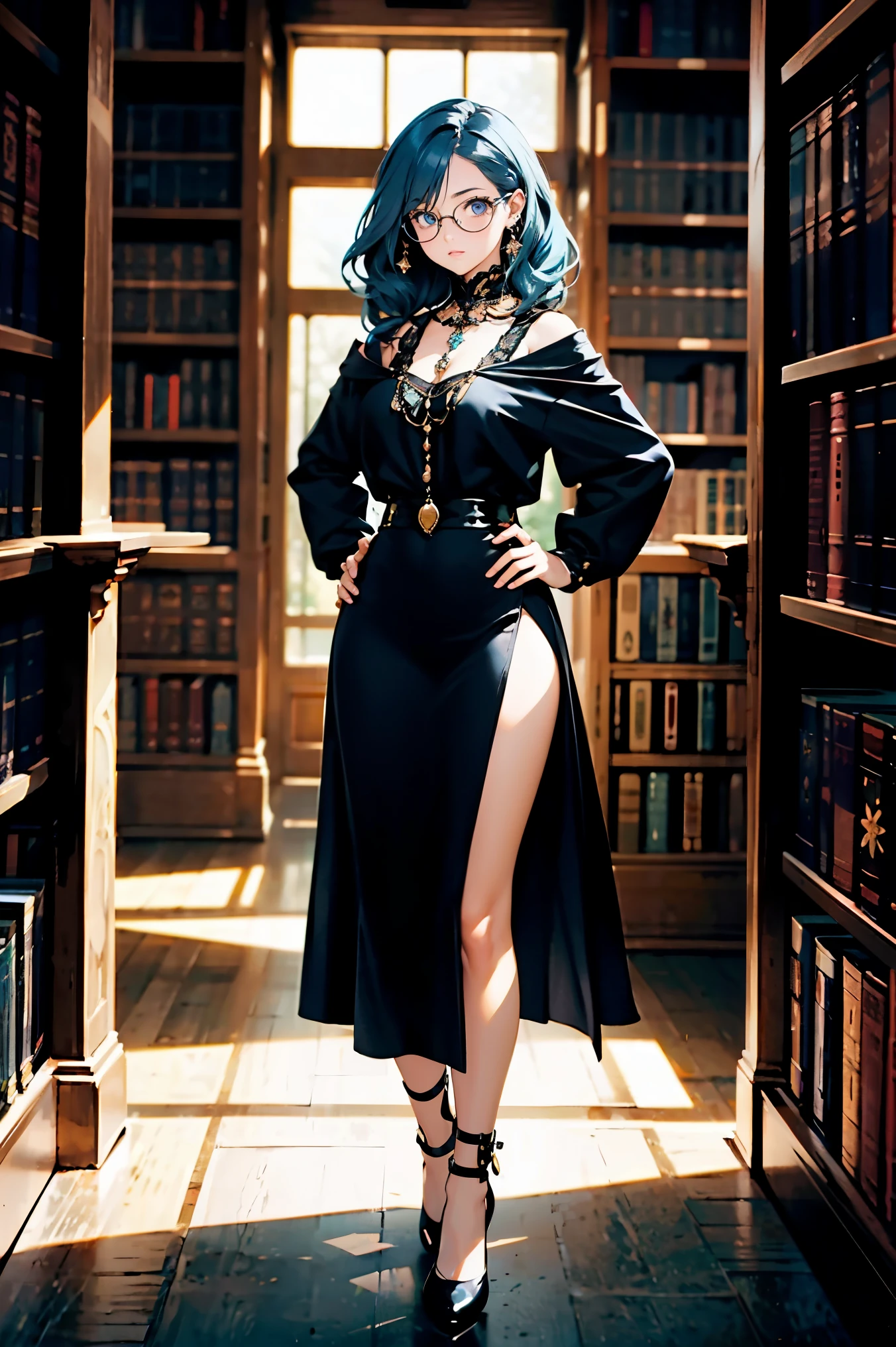 one beautiful girl, detailed beautiful hair, detailed beautiful eyes, cosmic eyes, glasses, blue hair, long black dress, standing, full body, hand on hip, dramatic lighting, Rembrandt lighting, library, bookshelves