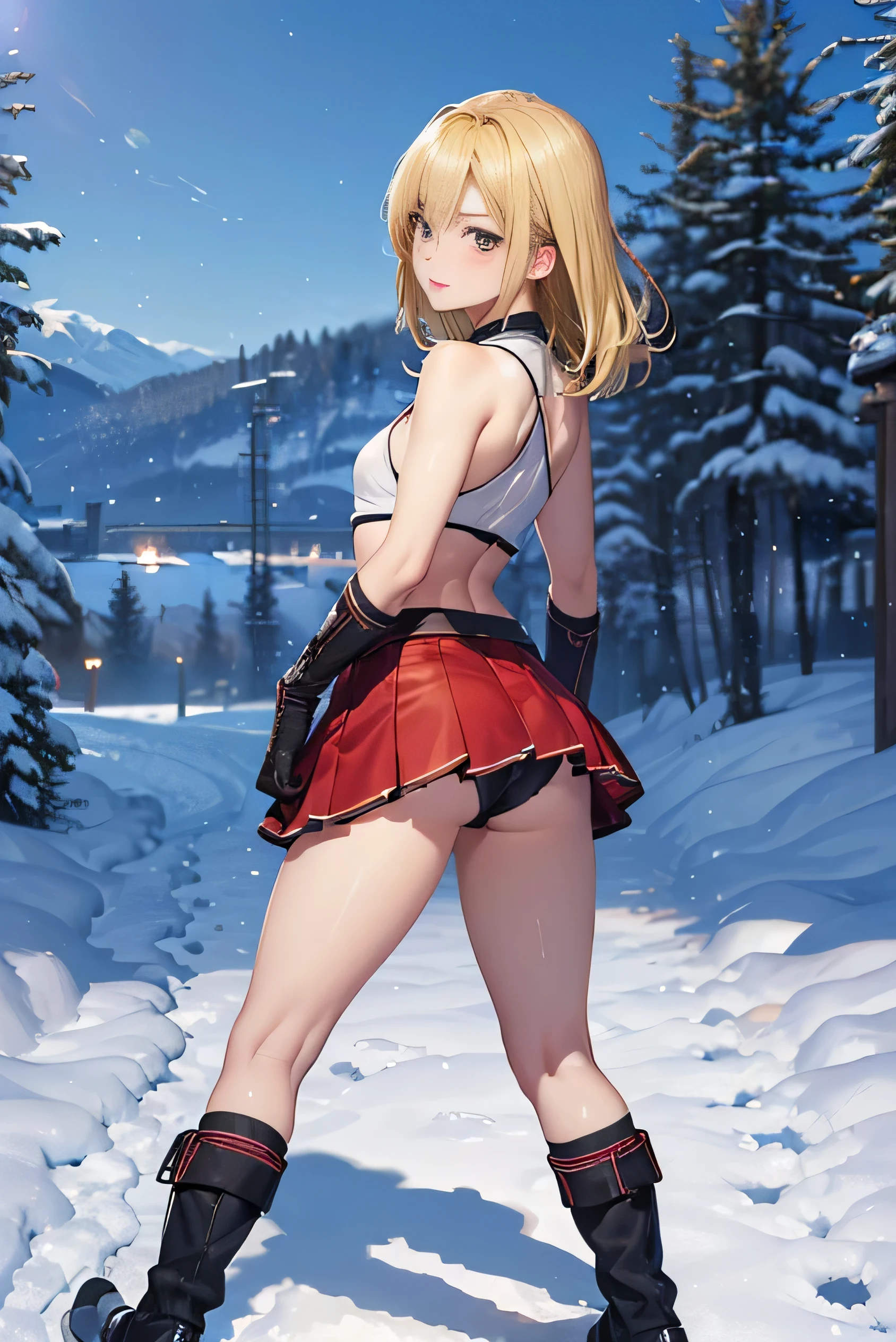 (photorealistic:1.8, highest quality:1.8,8K masterpiece:1.8,High resolution,muste piece:1.8),snow mountainに立つ1人の23歳の女性,cyber punk,(red flared skirt,Red combat uniform、choker), detailed eyes:1.7,double eyelid:1.6,detailed eyes:1.8,beautiful skin:1.8, (looking at the camera:1.2),(photo seen from behind:1.3),(Medium Hair:1.2,bright blonde:1.5), expression(Glaring:1.3,blushing:1.3),(Moderate chest:1.3),Pause(Seductive pose:1.5),background(snow scene:1.5,snow mountain:1.3,Ski resort),(slender, abs:1.2),(Chirarism),(detailed perfect face),normal hands:1.5,normal finger:1:5,normal feet:1.5,(cameltoe)