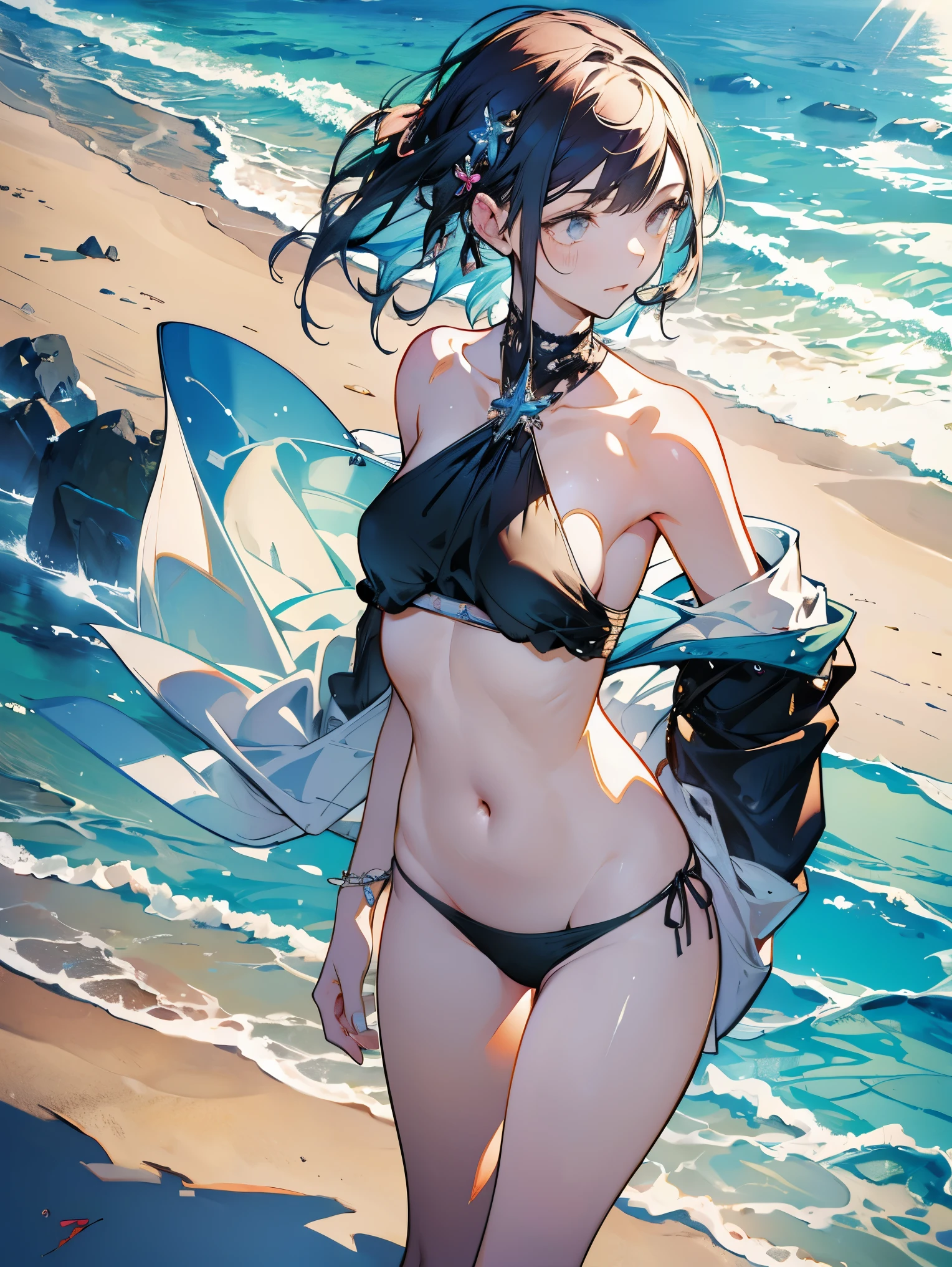 ((masterpiece)), ((highest quality)), ((High resolution)), ((finely)),1 girl, middle_E7, small breasts, swimsuit, realistic, beach, Wet, Ocean, belly button, null, clavicle
