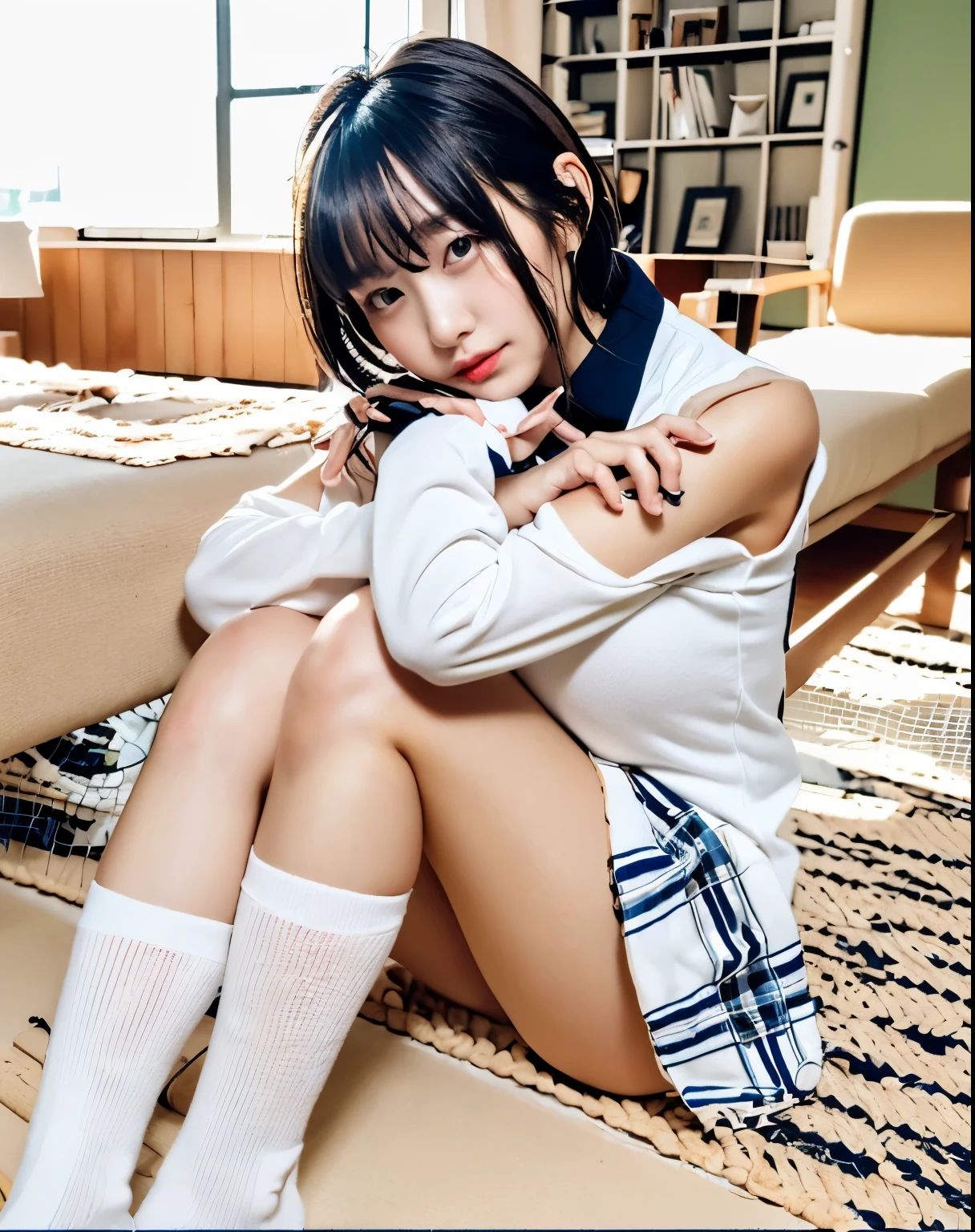 ((realistic lighting, highest quality, 8K, masterpiece, medium shot: 1.3)), clear focus: 1.2, 1 girl, perfect figure: 1.4, plump bust,((black hair)),((long hair that reaches down to the chest)),((With bangs)),(tennis wear: 1.4), inside the indoor changing room, locker in the background,sitting on the floor,White panties are visible,Moderately thin calves,exposed thighs,Navy mid-length socks,white sneakers,super fine face, fine eyes, double eyelid,(white pleated mini skirt), (white polo shirt)
