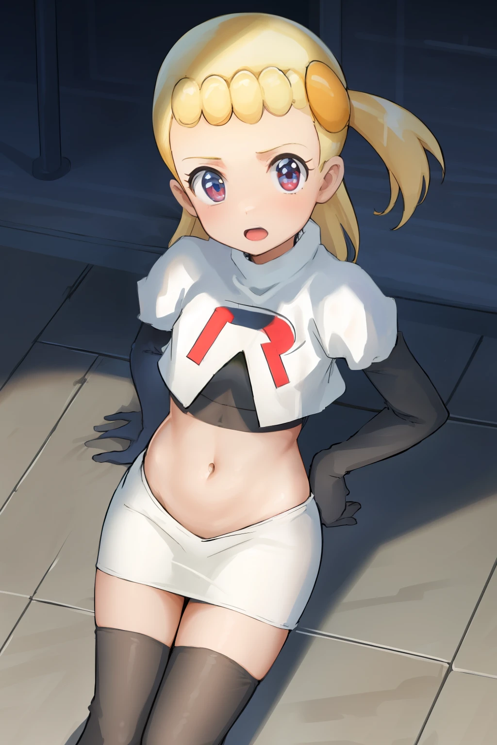 8k, anime screencap,1girl in, (Solo:1.2), (Perfect body:1.1), (Best Quality:1.1),team rocket,team rocket uniform,red letter R, white skirt,crop top, black thigh-highs,black elbow gloves,, ooking at viewer, Bonnie
