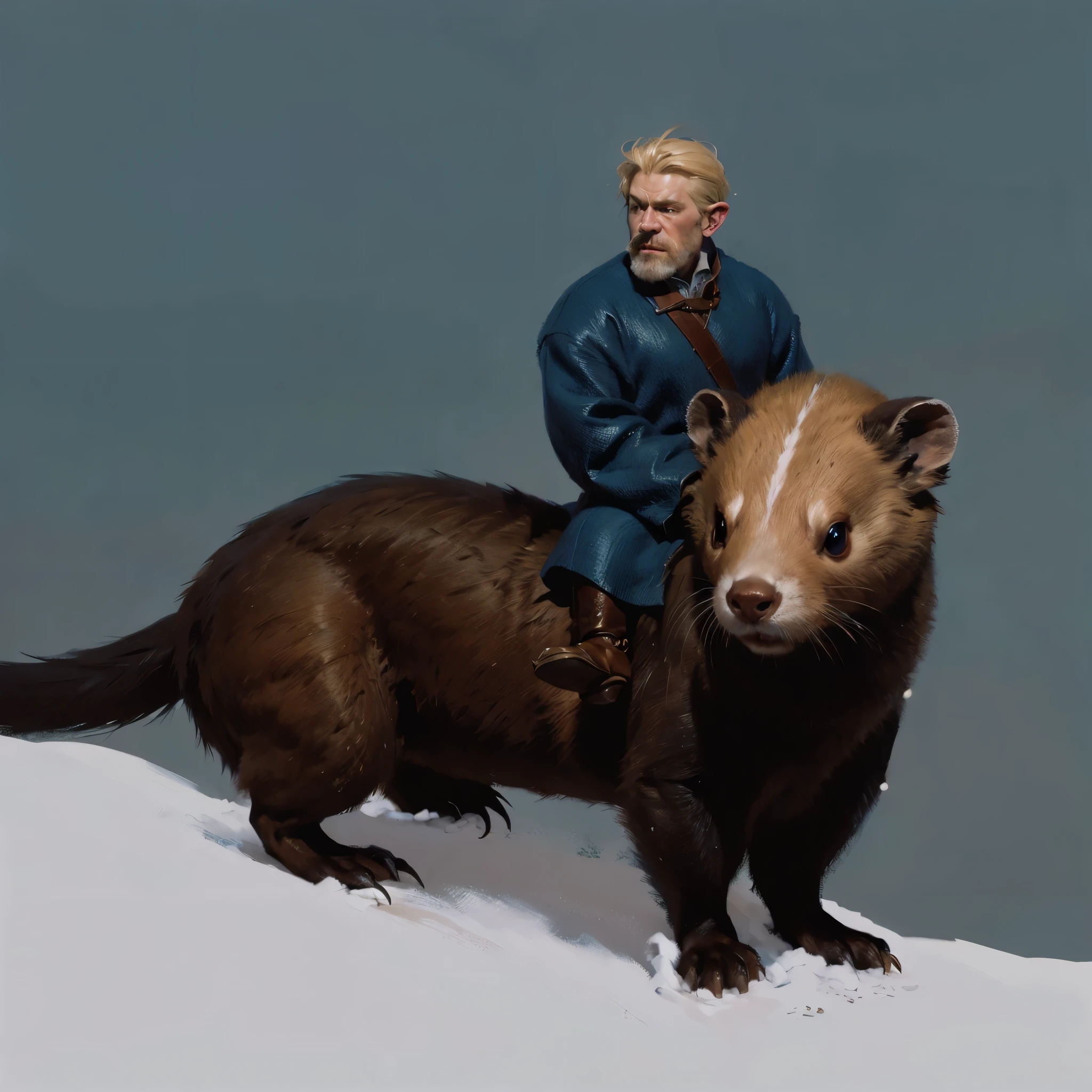 8k, the most beautiful d&d painting artwork, Forground: fantasy blond haired boy goblin gnome wearing a blue winter dress riding on a brown giant weasel giant ferret, barefoot, big pointy ears. Background: scandinavian forest, snow covered ground, pine trees, stones. Render the scene: lighted from the right by sunlight, art style of Donato Giancola and Patrick J Jones, sharp focus, (highly detailed:1.4), oil painting.
