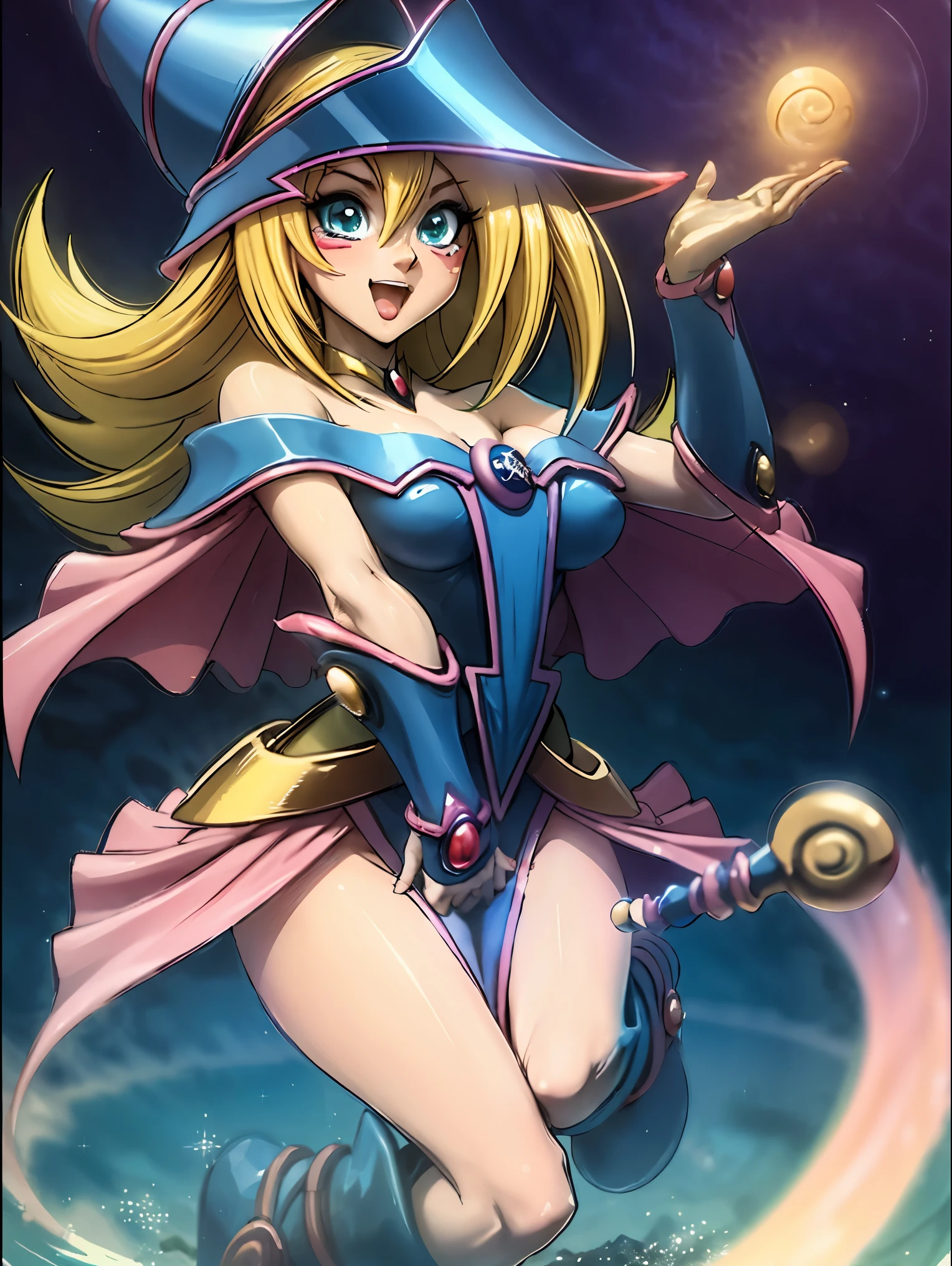 Dark magician gils. Leaving a magic circle. Magia de corazones en el aire. Pose sensual y inocente. Sonrisa de mona lisa 