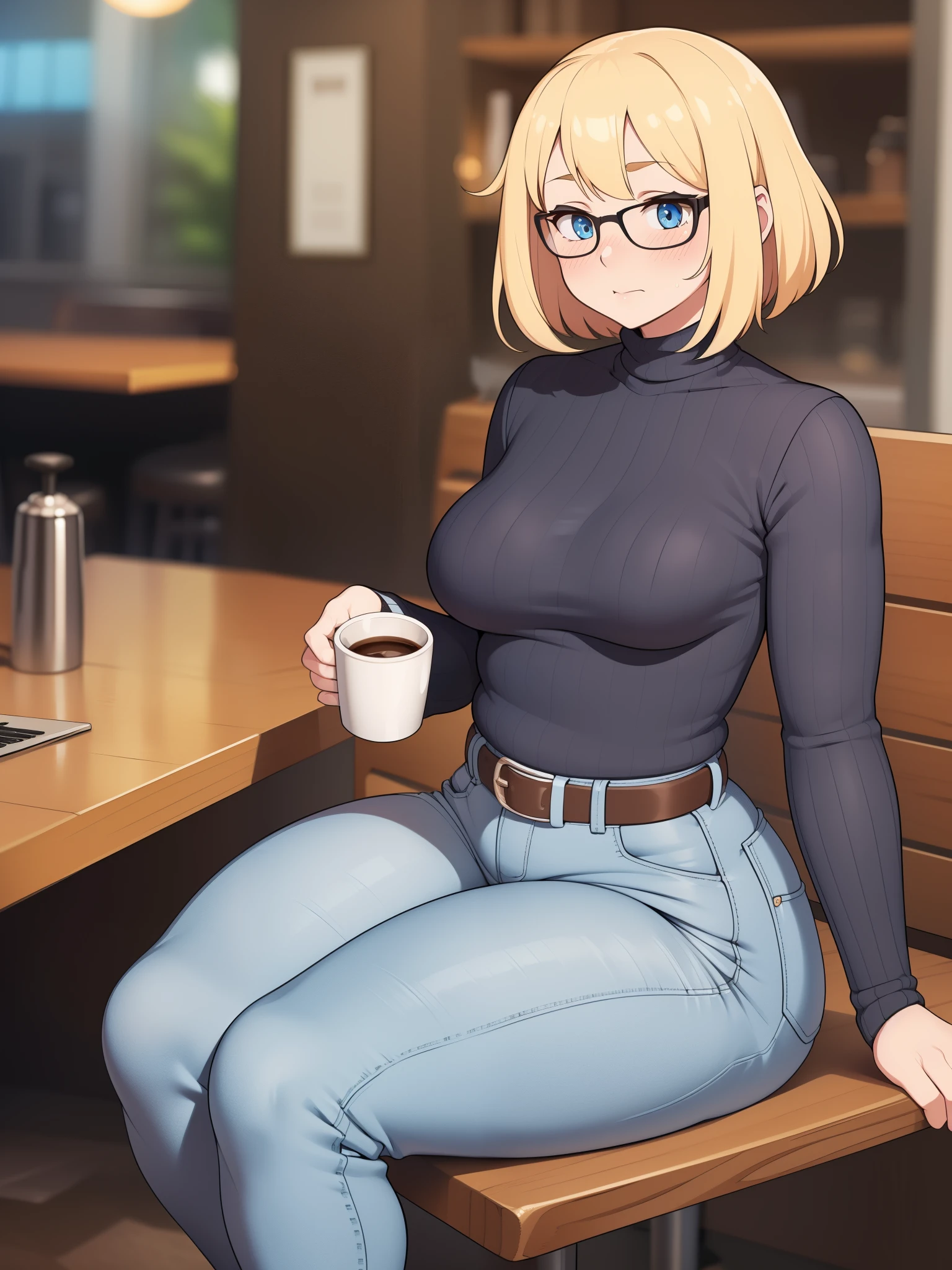 ((Masterpiece)), perfect anatomy, perfect shading, field of depth, (best quality), extremely delicate and beautiful, perfect lighting, detailed face, ultra cute face, cute, (cowboy shot 1.2), full body, (((1girl))), ((solo)), looking at viewer,
short hair, fluffy hair, blonde hair, blue eyes, Glasses, ((blush)), shy, nervous, embarrassed, (black turtleneck sweater 1.5), (jeans 1.2), belt, extremely tight clothes, medium breasts, ((wide hips)), ((thick thighs)), ((chubby)),
coffee shop, intricate background, detailed background, sitting on a chair mug on table,