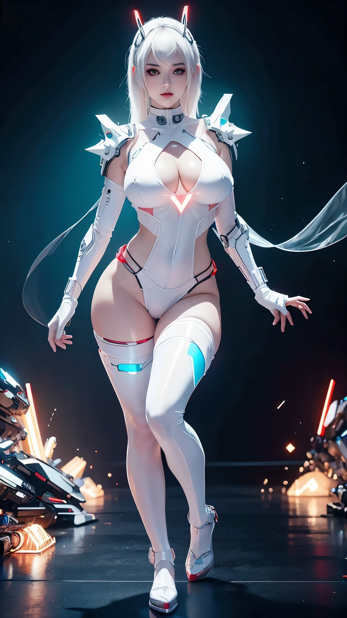 8K uhd, materpiece, a beautiful girl, detaild eye, good face, detaild eyebrow, cyberpunk outfit, white outfit, cyberpunk, Cyberspace, cyberpunk shining background, neon effect, Spreading lighting, red lighting, whole body capture,full body,big tits ,big tits,robotic clotges