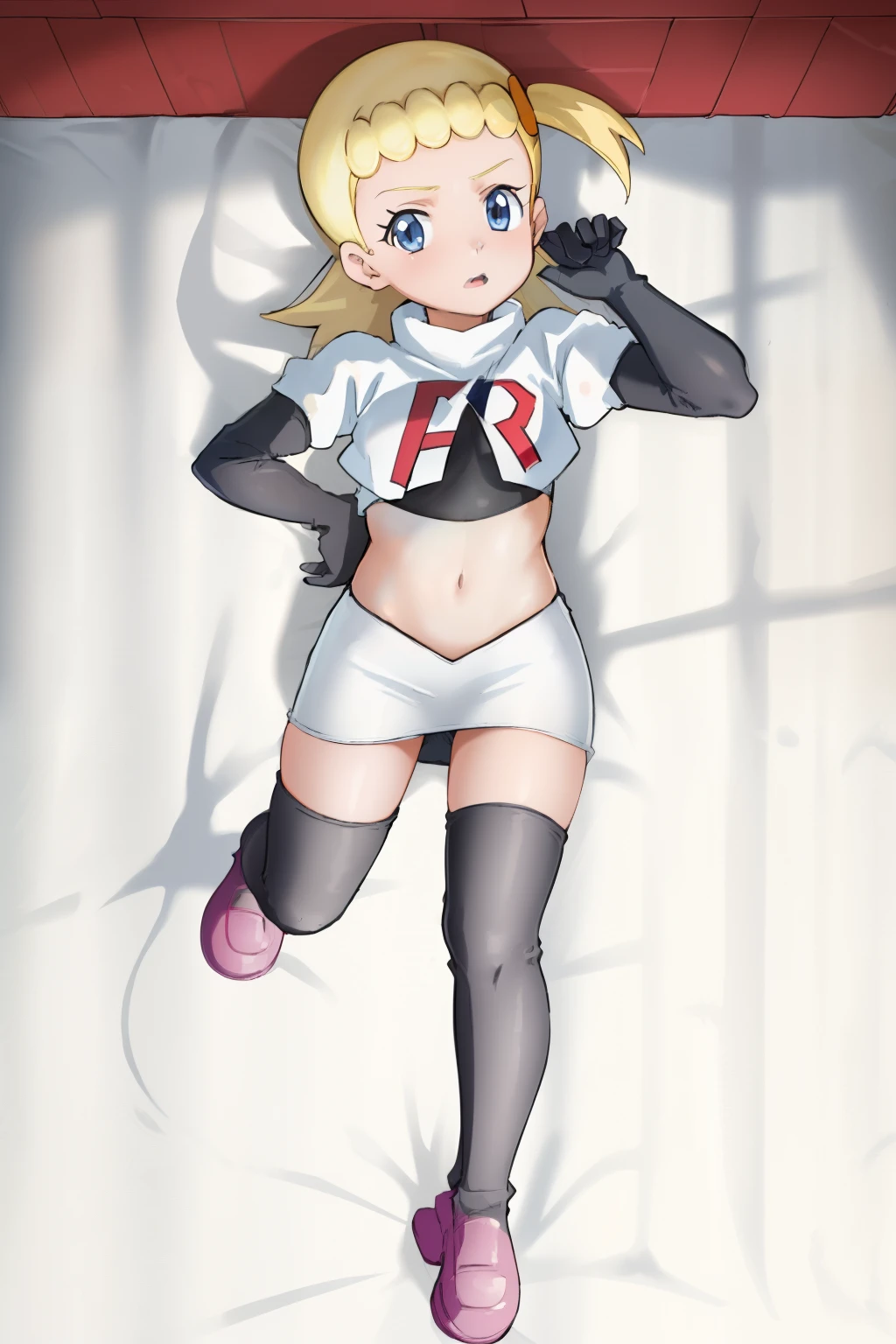 8k, anime screencap,1girl in, (Solo:1.2), (Perfect body:1.1), (Best Quality:1.1),team rocket,team rocket uniform,red letter R, white skirt,crop top, black thigh-highs,black elbow gloves,, ooking at viewer, Bonnie