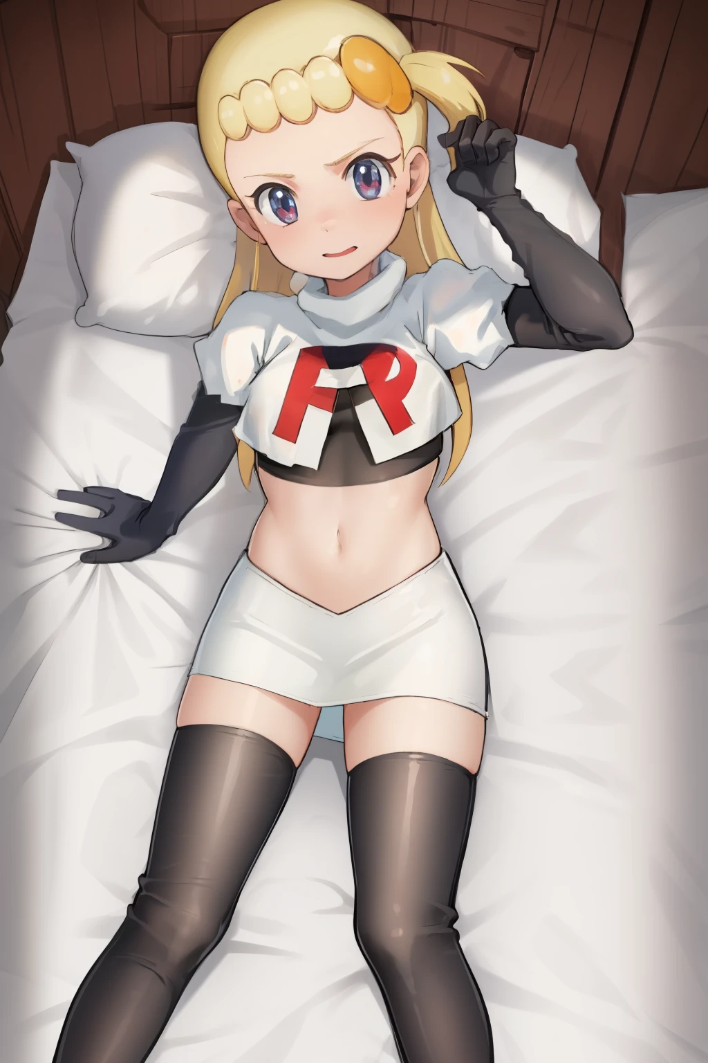 8k, anime screencap,1girl in, (Solo:1.2), (Perfect body:1.1), (Best Quality:1.1),team rocket,team rocket uniform,red letter R, white skirt,crop top, black thigh-highs,black elbow gloves,, ooking at viewer, Bonnie