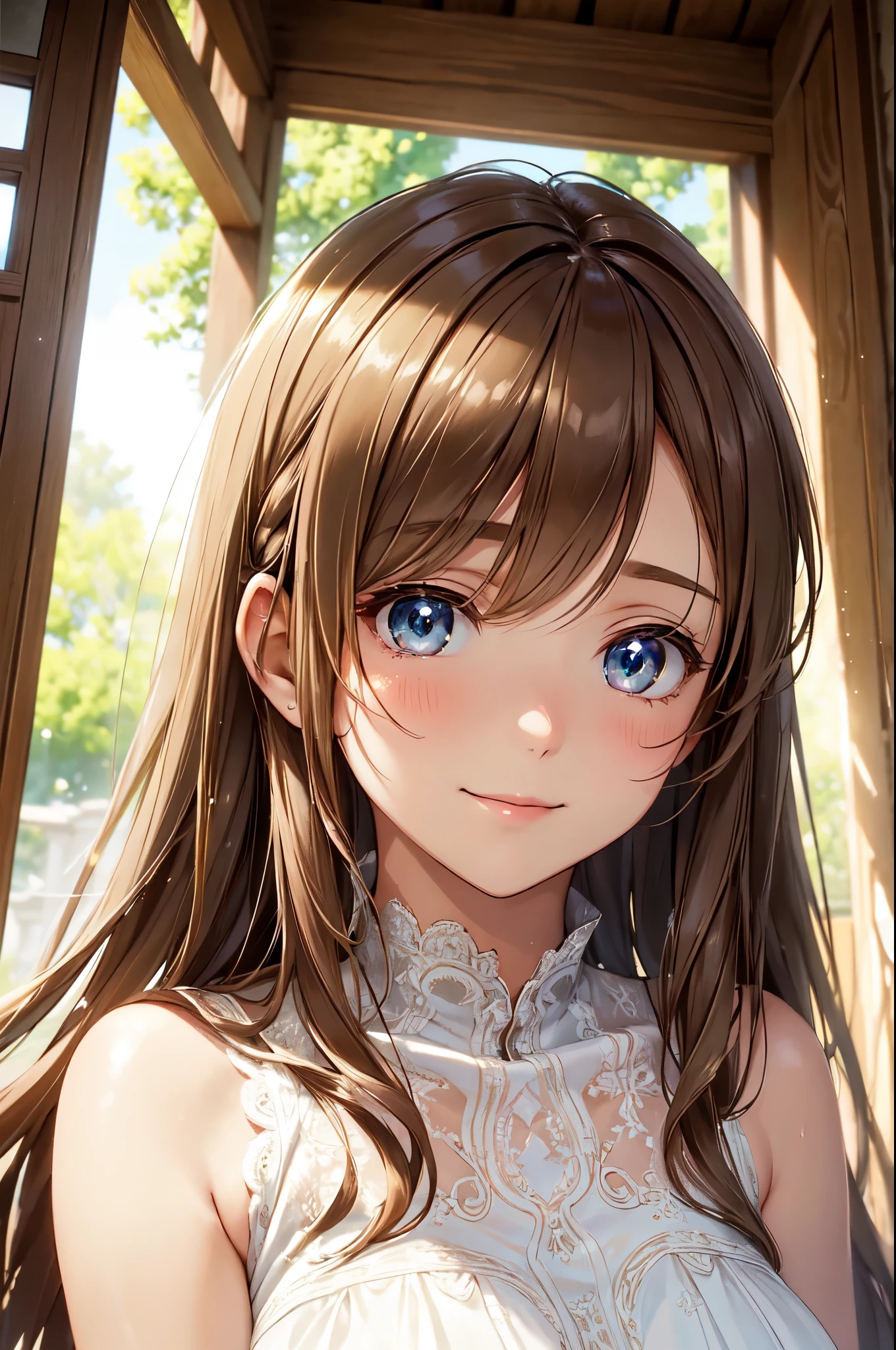 (High quality, High resolution, Fine details), white dress, Old private house, ancient, sunlight filtering through cracks, serene expression, graceful pose, gentle breeze, ethereal atmosphere, dreamlike, soft color palette, warm golden tones, soft lighting, delicate lace details on the dress, flowing fabric, surreal, melancholic beauty, mysterious, timeless scene, sense of nostalgia, quiet solitude, solo, curvy women, light brown hair, sparkling eyes, (Detailed eyes:1.2), smile, blush, Sweat, Oily skin, shallow depth of field