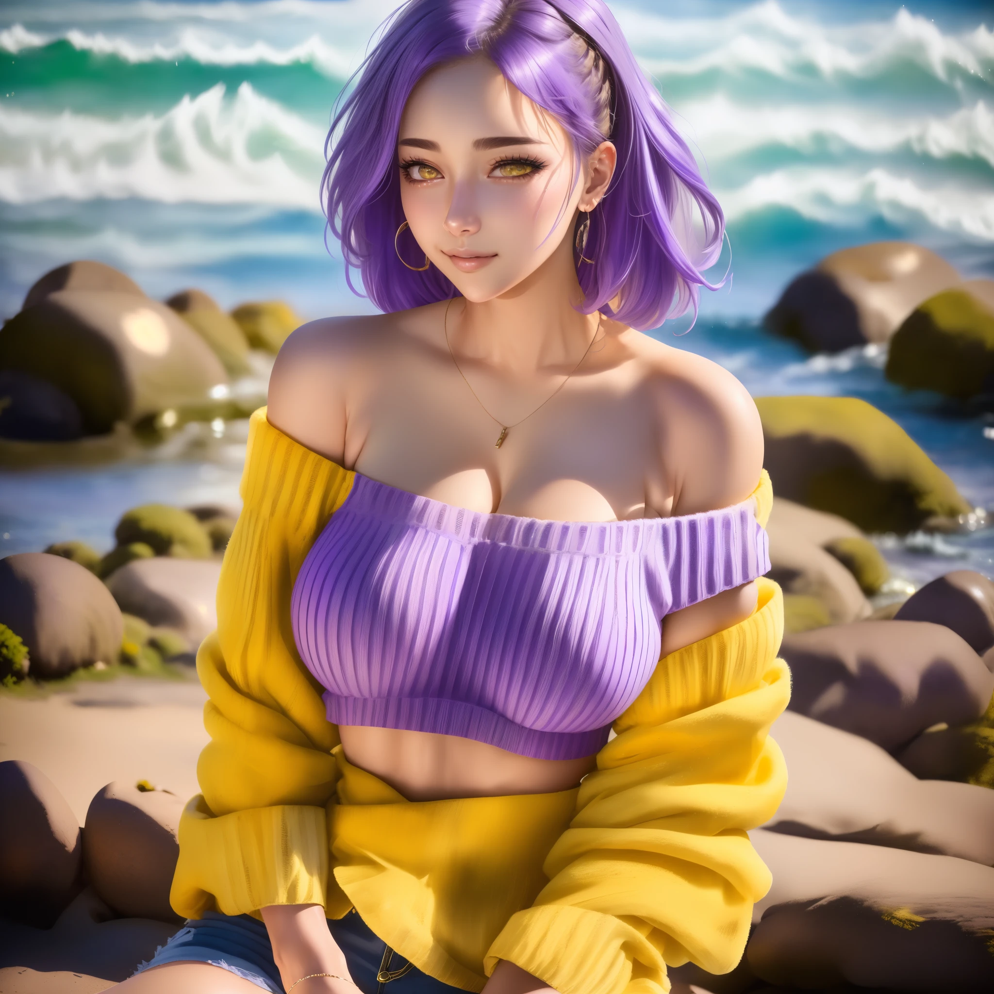 (best quality,4k,8k,highres,masterpiece:1.2),ultra-detailed, (), big ,(masterpiece), best quality, extremely detailed, (watercolor), bloom, delicate and beautiful, illustration, (from below),(1girl:1.4), (solo:1.2), large breasts, (ribbed sweater:1.3), off-shoulder sweater, (short shorts:1.2), bare shoulders, (underboob), beautiful eyes, (disheveled hair ), photography, over-the-shoulder shot, by Alex Maleev, professional, canon camera, nikon camera, sharp, bokeh, studio quality, fisheye lens, by Robert Capa , (((detailed purple hair, detailed yellow eyes))), big , boob sag, boob squish, lip bite, cross eyes looking up, BRAV_girl_vol1, gyaru, HDR, 8k, absurdres, cinestill 800, sharp focus, (1girl, solo girl), add_detail:2, Waterfront, Beach, Shore, Modern City