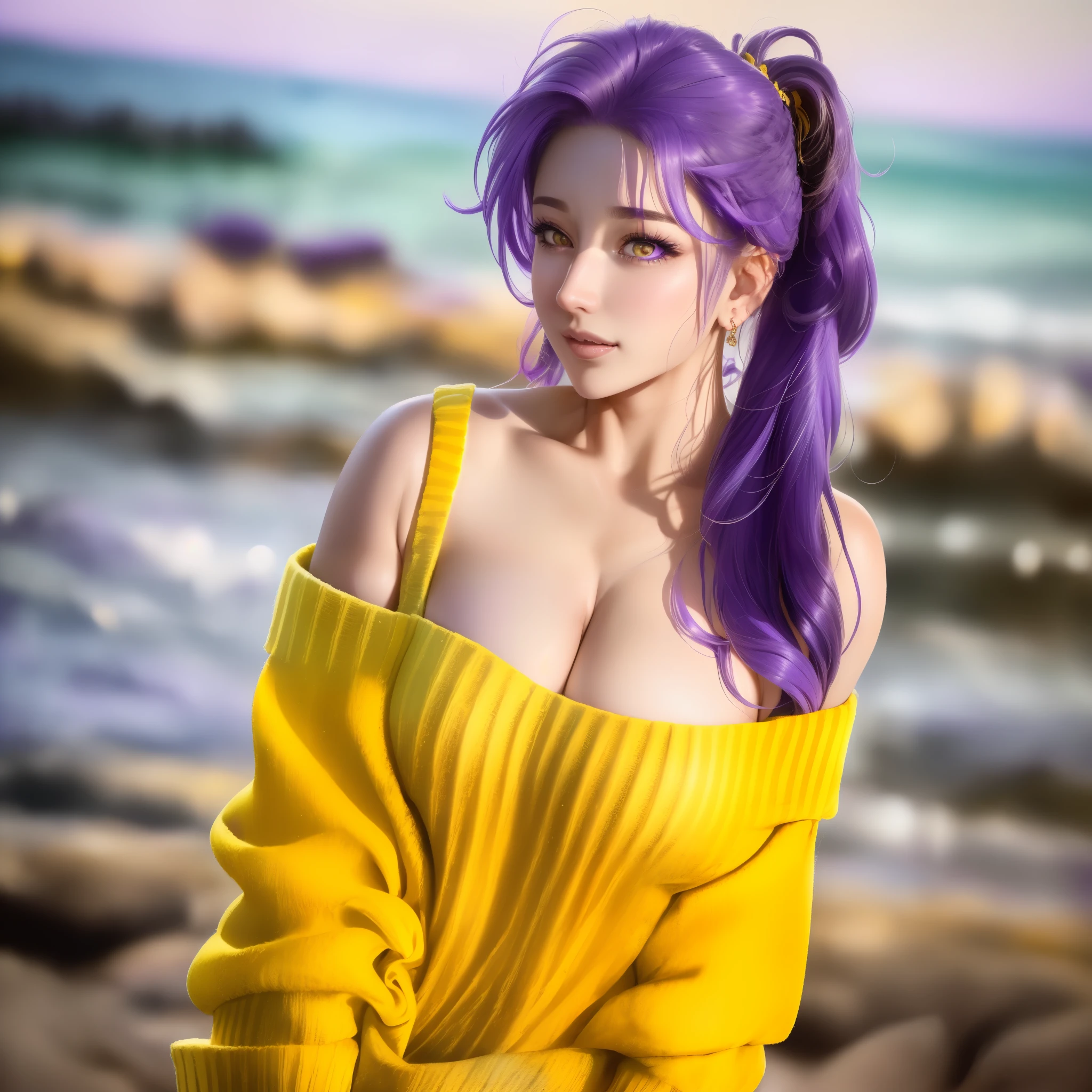 (best quality,4k,8k,highres,masterpiece:1.2),ultra-detailed, (), big ,(masterpiece), best quality, extremely detailed, (watercolor), bloom, delicate and beautiful, illustration, (from below),(1girl:1.4), (solo:1.2), large breasts, (ribbed sweater:1.3), off-shoulder sweater, (short shorts:1.2), bare shoulders, (underboob), beautiful eyes, (disheveled hair ), photography, over-the-shoulder shot, by Alex Maleev, professional, canon camera, nikon camera, sharp, bokeh, studio quality, fisheye lens, by Robert Capa , (((detailed purple hair, detailed yellow eyes))), big , boob sag, boob squish, lip bite, cross eyes looking up, BRAV_girl_vol1, gyaru, HDR, 8k, absurdres, cinestill 800, sharp focus, (1girl, solo girl), add_detail:2, Waterfront, Beach, Shore, Modern City