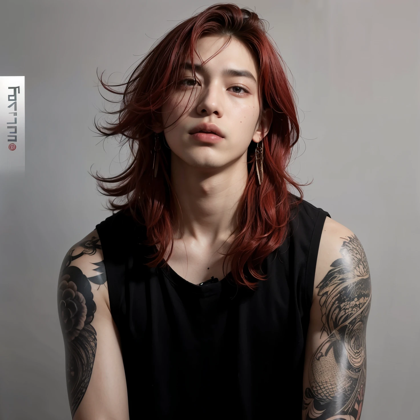arafed asian male com cabelo ruivo and tattoos posing for a picture, red hair and attractive features, hyung tae, Hong junho hyung, taejune kim, cai xukun, tom vermelho forte, Jinyoung Shin, hyung tae kim, Redahair and attractive features, com cabelo ruivo, cabelos tingidos de vermelho, inspirado em Kim Deuk-sin, (Fogo)