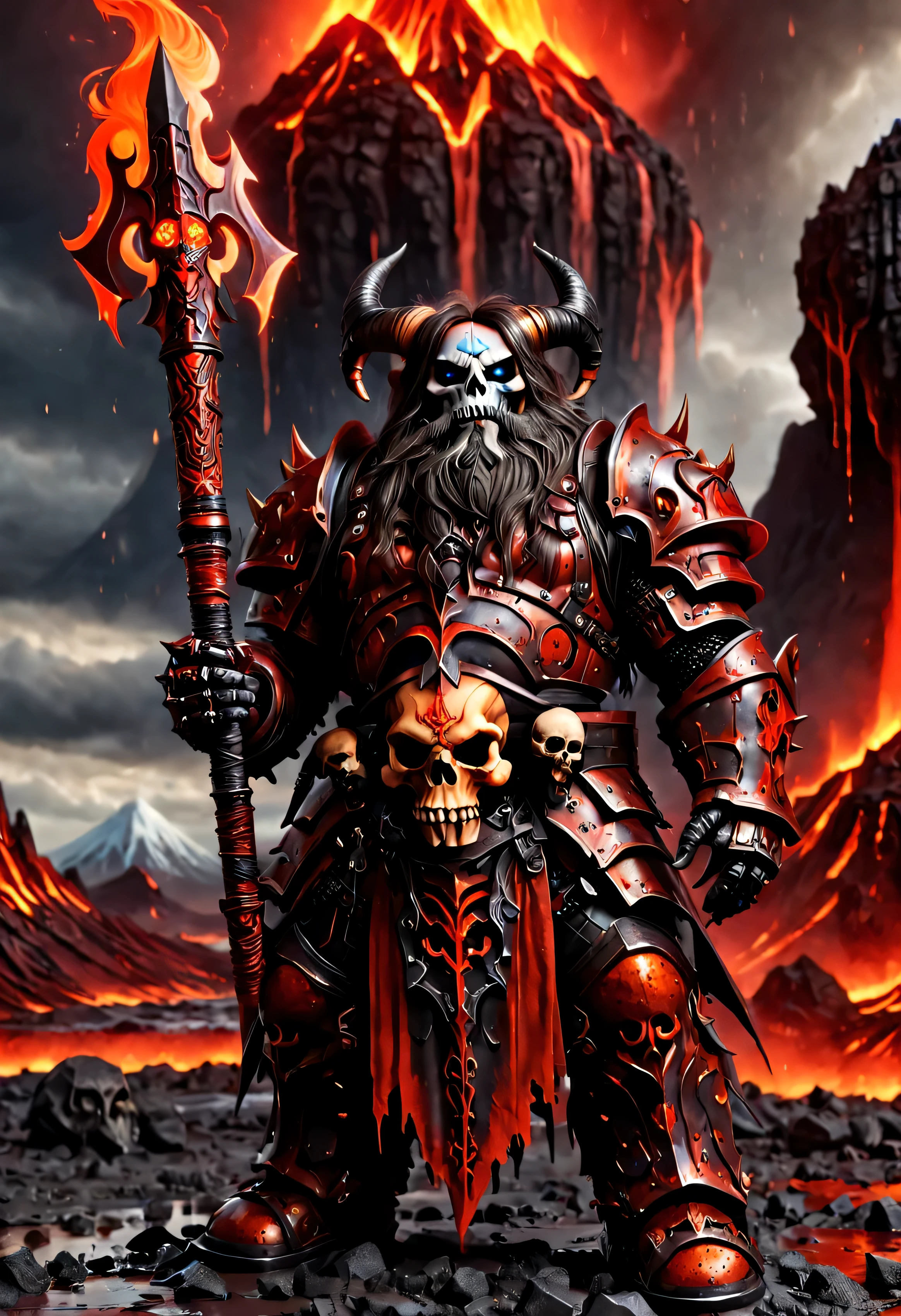 dwowarf, dwarf death knight, death knight outfit, heavy armor with skulls, heavy armor, dark themed, holding sword in front of his body, war paint on his face, beard, big horns, standing in volcano dripping pools of glowing red sludge background subsurface scattering high saturation