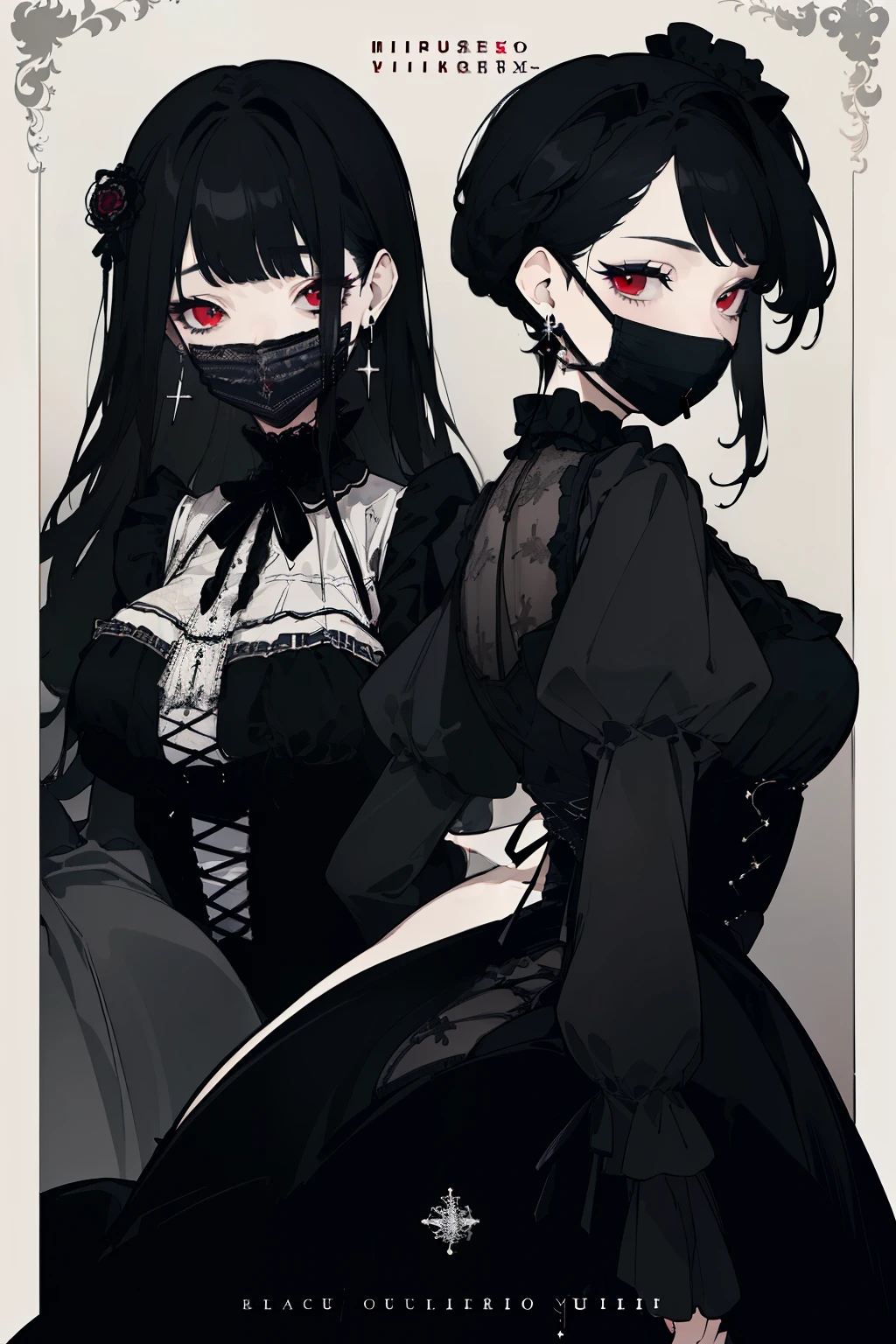 (highest quality、masterpiece:1.2), ((mature woman))huge ,big butt, adult face、black hair、two side up、red eyes, (mouth mask, cover half of the face) (dark makeup、lots of earrings) gothic dress, black dress, victorian dress