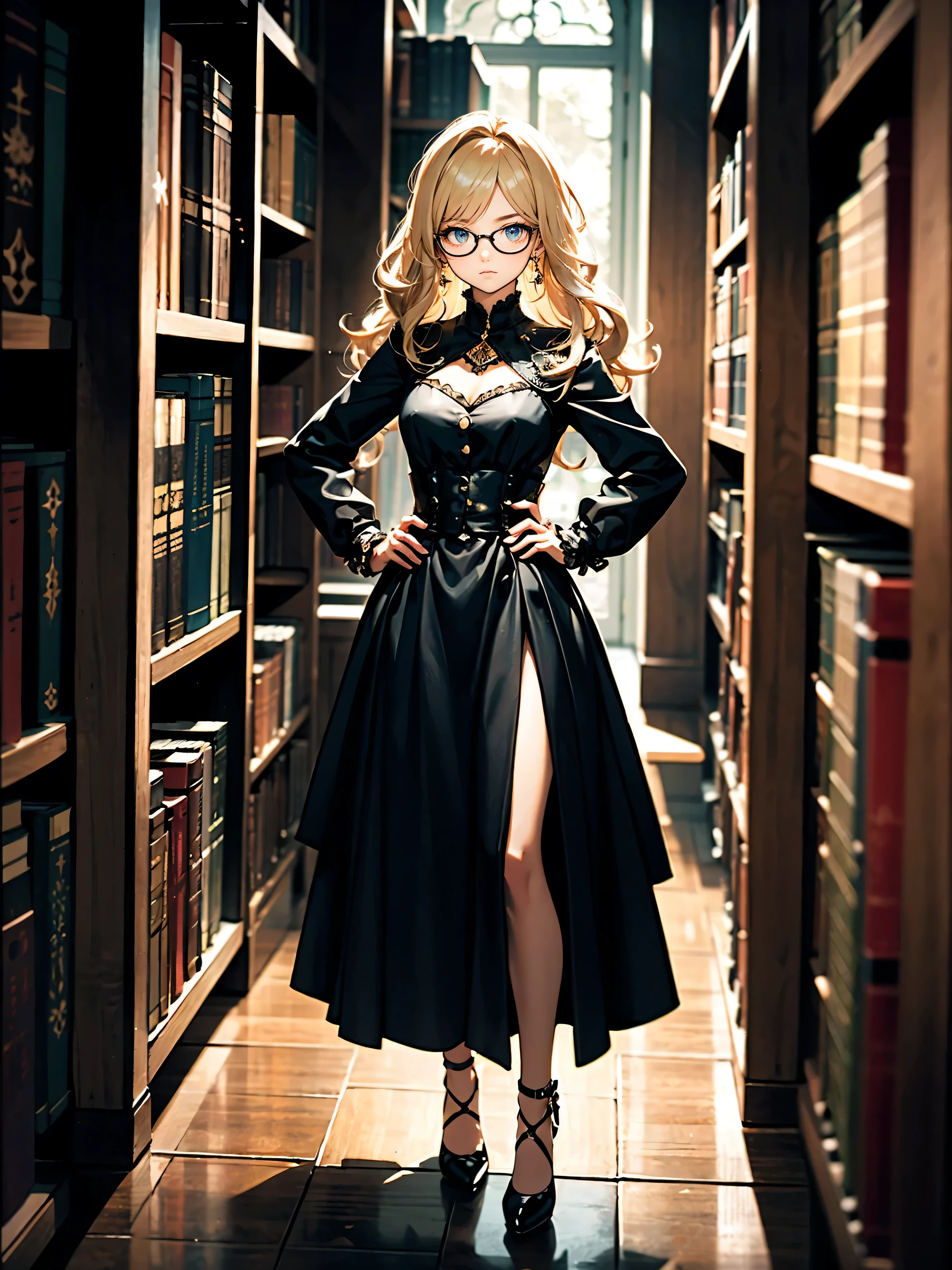 one beautiful girl, detailed beautiful hair, detailed beautiful eyes, cosmic eyes, glasses, blonde hair, long black dress, standing, full body, hand on hip, dramatic lighting, Rembrandt lighting, library, bookshelves, books