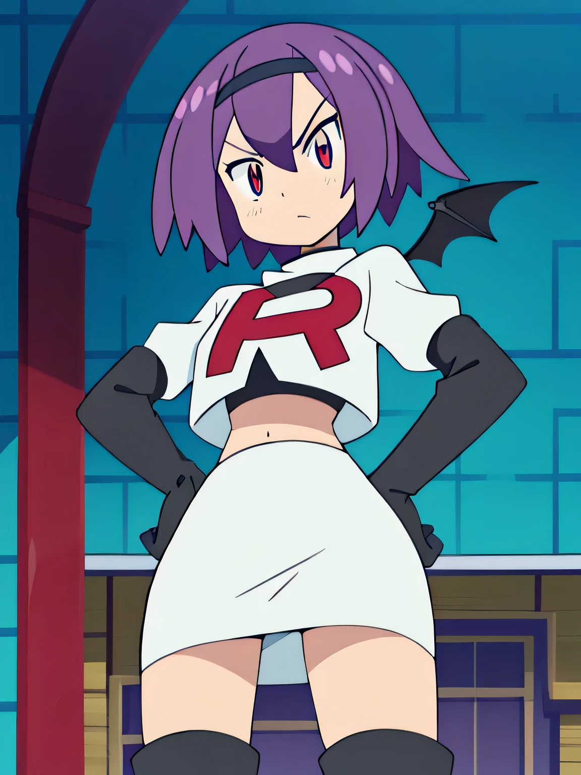 Colorful , masutepiece, Best Quality, 1girl in, , purple hair, middle hair, spike hair, Evil Female Executive, Goth Lolita Costume, a miniskirt, White stockings, Large red ribbon, a choker, White inner, black clothes,  black boots, bat wings, , from below, looking at viewer, contrapposto, hand on hip, hairs between eyes, red eyes, shiny eyes,team rocket uniform, red letter r, white skirt,white crop top,black thigh-high boots, black elbow gloves, glaring angrily, looking at viewer, hands on hips, zettai ryouiki, cowboy shot