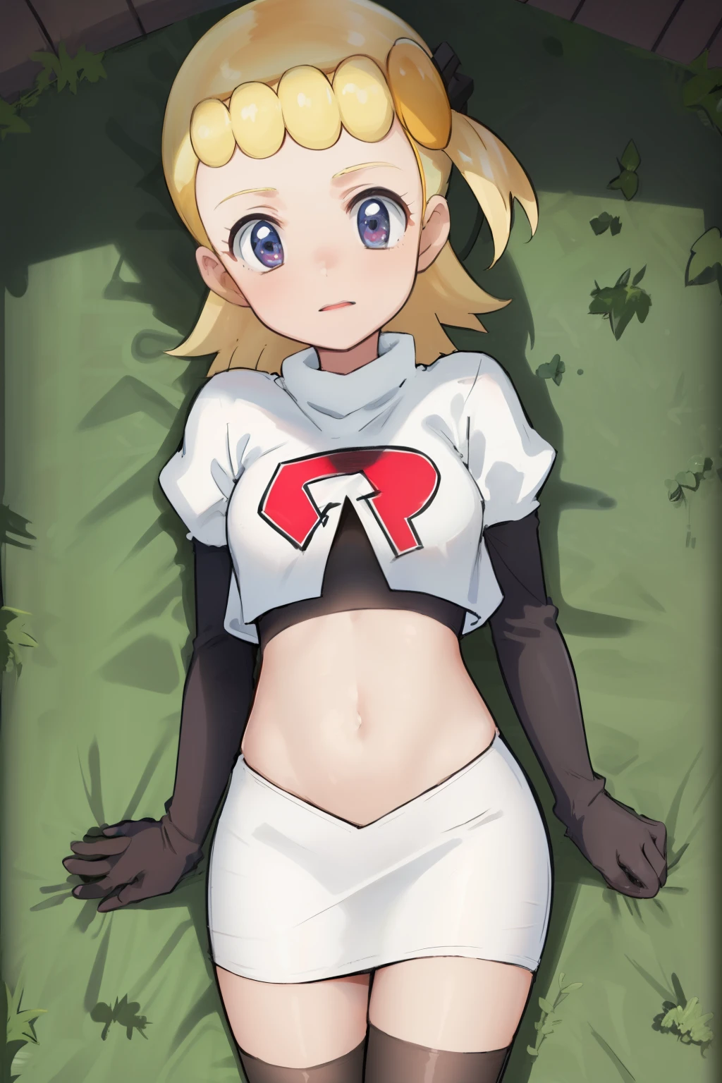 8k, anime screencap,1girl in, (Solo:1.2), (Perfect body:1.1), (Best Quality:1.1),team rocket,team rocket uniform,red letter R, white skirt,crop top, black thigh-highs,black elbow gloves,, ooking at viewer, Bonnie
