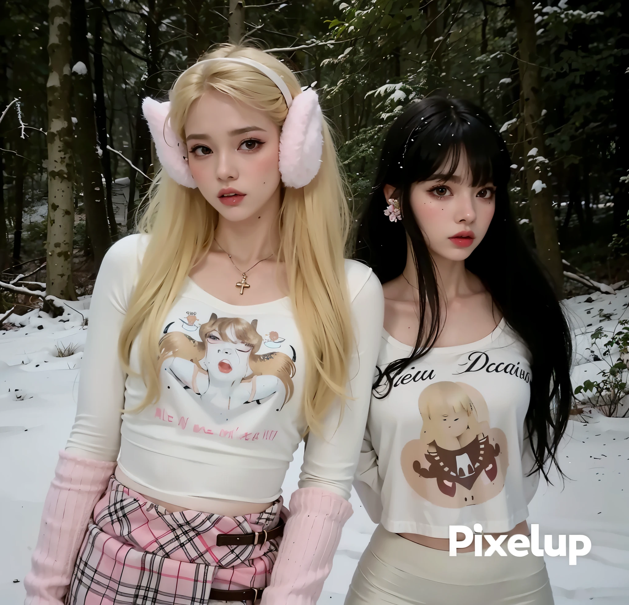 Mujer de pelo rubio con orejeras rosas y una camisa blanca., pale, snow-white skin, coletas, elfos, resembling a miX of grimes, bella delfina, coleta, dos modelos en el marco, parece una mezcla de mugre, una rubia y una morena, Obra oficial, acid piXie acid piXie, pale porcelain skin, X, tiro promocional, piXilated, realista, jennie black pink, lisa blackpink, cara tierna, doll face, realistic person, cutes