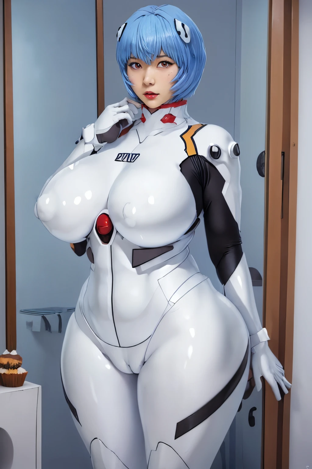 ((masterpiece)), ((photorealistic)), ((8k wallpaper)), ((best quality)), ((perfect quality)), solo, (detailed eyes:0.9), girl, blue short hair, Ayanami Rei, very beautiful, view from back, pose: ( standing, standing in front of mirror, looking at mirror, arm on belly), face : ( (very beautiful face), asian, japanese, (perfect face), (round face), small smile, cute face, young ) , ((got very fat)), figure: ( very full body, very thick, ((very chubby)), ((very plump)), ((very wide waist)), ((very chubby belly)), very soft, overweight, ((belly bulge)), very curvy, (big breasts), ((fat rolls)), ((belly rolls)), (got fat), sexy, sexy pose, ((big deep navel)), ((love handles)), fat thighs, long legs, fat ass, ((muffin top)), thunder thighs, fed up) , clothes : ( white plugsuit )