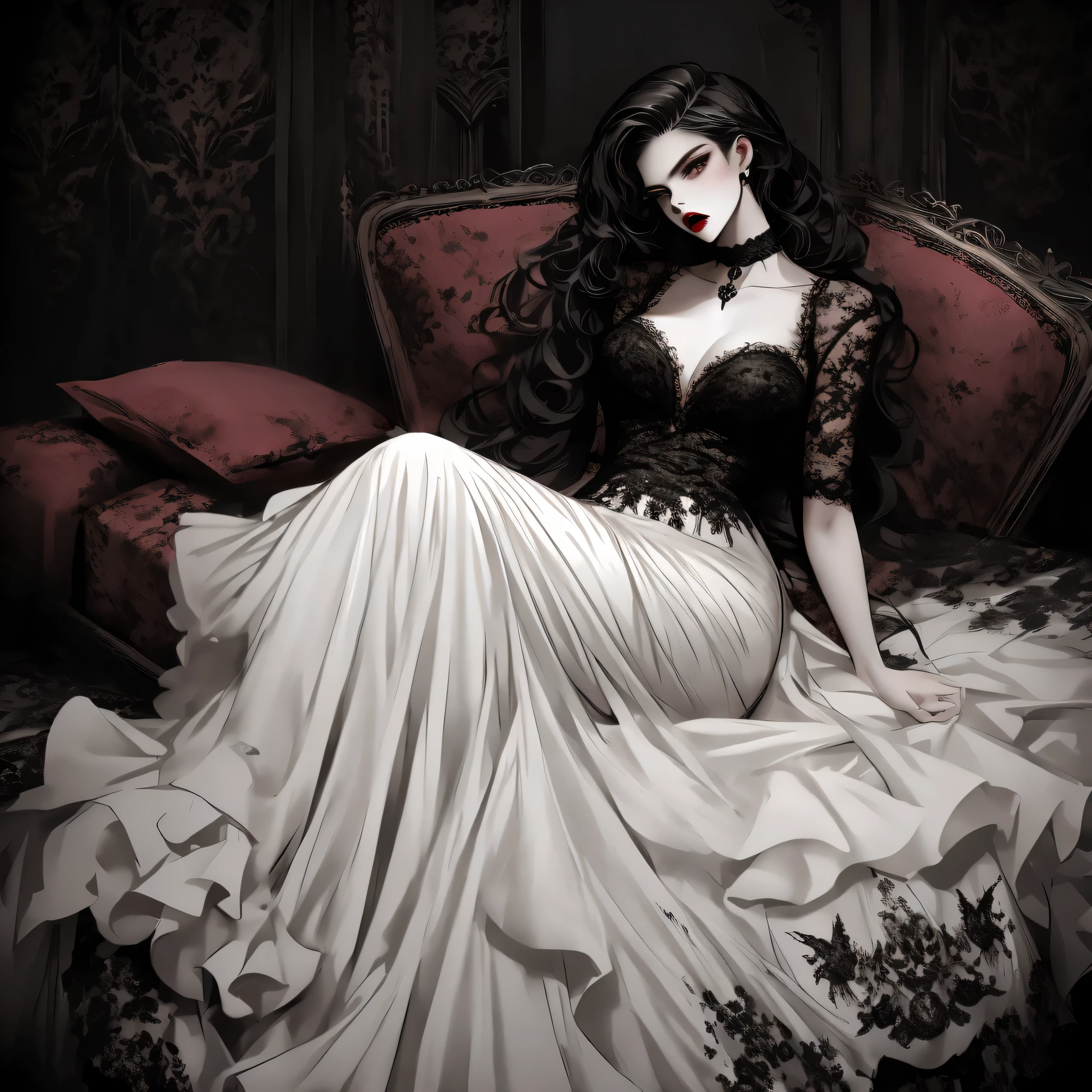 a vampire captured by a girl,leather, fierce expression, seductive gaze, dark lipstick, pale skin, high heels, choker, gothic atmosphere, intense eyes, dramatic lighting, seductive pose, black lace, dominance, power dynamics, provocative, mysterious, alluring, evening gown, long nails, confident posture, red lips, lying down, (cocoon:1.0)