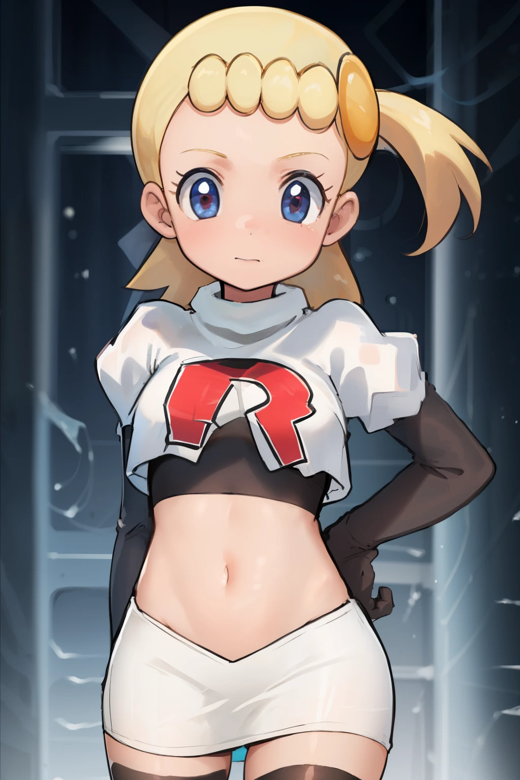 8k, anime screencap,1girl in, (Solo:1.2), (Perfect body:1.1), (Best Quality:1.1),team rocket,team rocket uniform,red letter R, white skirt,crop top, black thigh-highs,black elbow gloves,, ooking at viewer, Bonnie