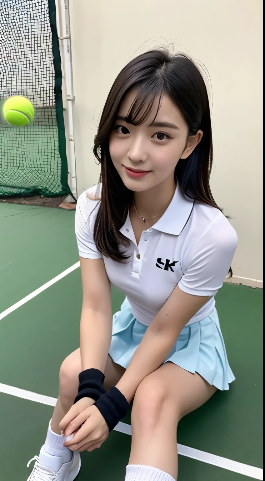 ((realistic lighting, highest quality, 8K, masterpiece, medium shot: 1.3)), clear focus: 1.2, 1 girl, perfect figure: 1.4, plump bust,((black hair)),((long hair that reaches down to the chest)),((With bangs)),(tennis wear: 1.4), in the gym changing room, locker in the background,on the yoga mat、sitting with one knee up,Moderately thin calves,exposed thighs,white ankle-length socks,white sneakers,super fine face, fine eyes, double eyelid,(white pleated mini skirt), (white polo shirt),legs open,White panties are visible,Taking a selfie with a black smartphone in my right hand