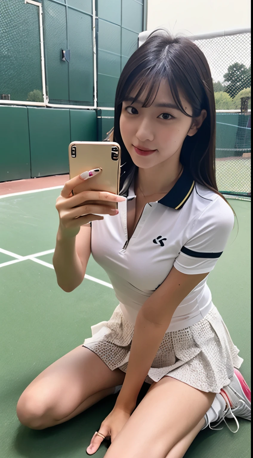 ((realistic lighting, highest quality, 8K, masterpiece, medium shot: 1.3)), clear focus: 1.2, 1 girl, perfect figure: 1.4, plump bust,((black hair)),((long hair that reaches down to the chest)),((With bangs)),(tennis wear: 1.4), in the gym changing room, locker in the background,on the yoga mat、sitting with one knee up,Moderately thin calves,exposed thighs,white ankle-length socks,white sneakers,super fine face, fine eyes, double eyelid,(white pleated mini skirt), (white polo shirt),legs open,White panties are visible,Taking a selfie with a black smartphone in my right hand
