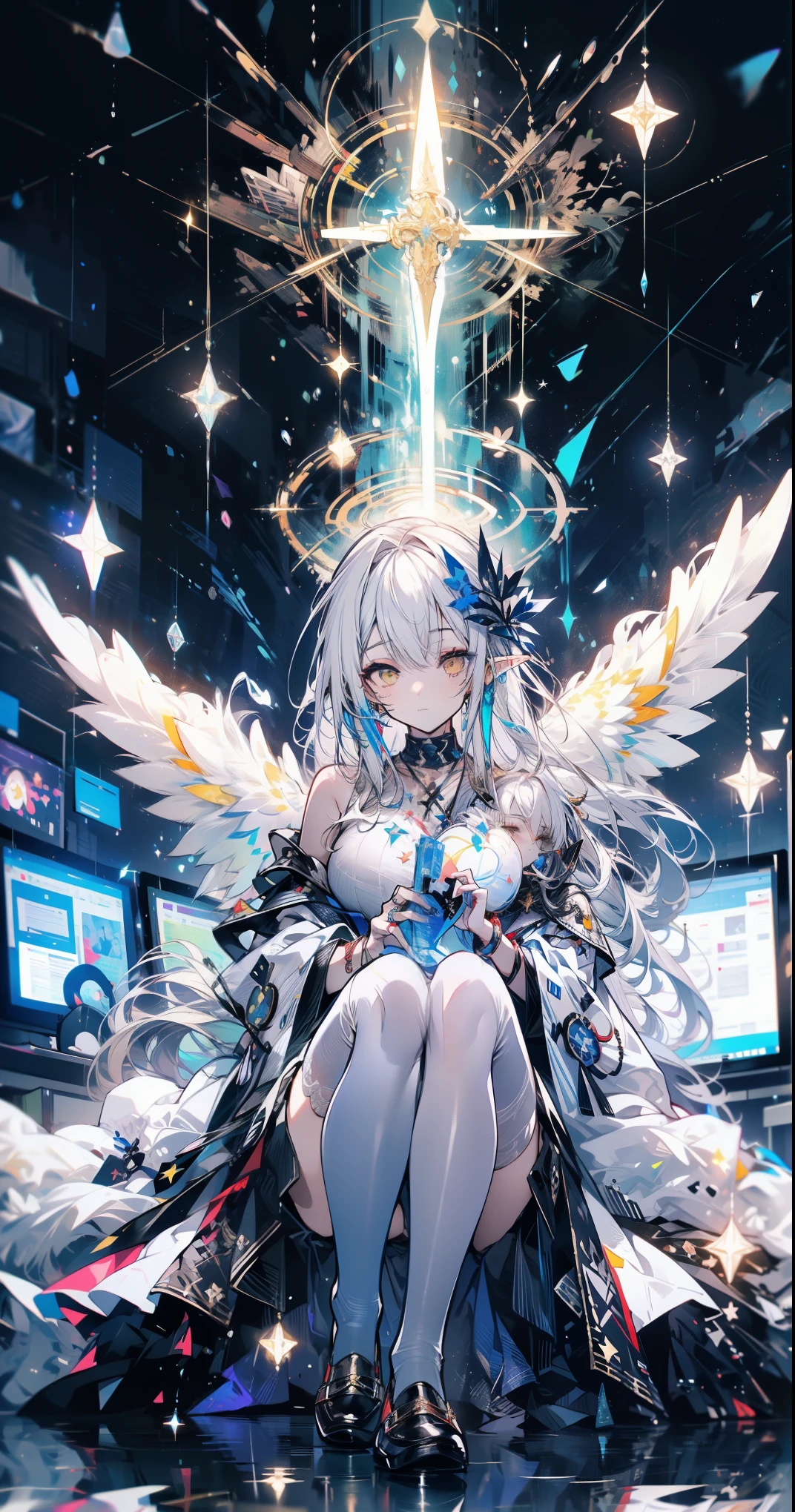 (((masterpiece))), (((best quality)))), official art, Extremely detailed CG unified 8k wallpaper, ((sketch))), night, rain, beautiful detailed sky, galactic,starry sky background,beautiful and delicate water, Game CG, Huge file size, sketch, Report, angelic, long gray hair, combed blonde hair, wet hair, hair between eyes, hair behind ears, Carefree eyes and white eyelashes, yellow eyes, half closed eyes, footwear, halo, Cross necklace, look down, sitting, Hold the long leather hair, leaf hair accessories, in the forest, lakeside, ((Big breasts))), ((( white robe))), long sleeve dynamo, White eye mask, Elf ears and golden wings are more yellow