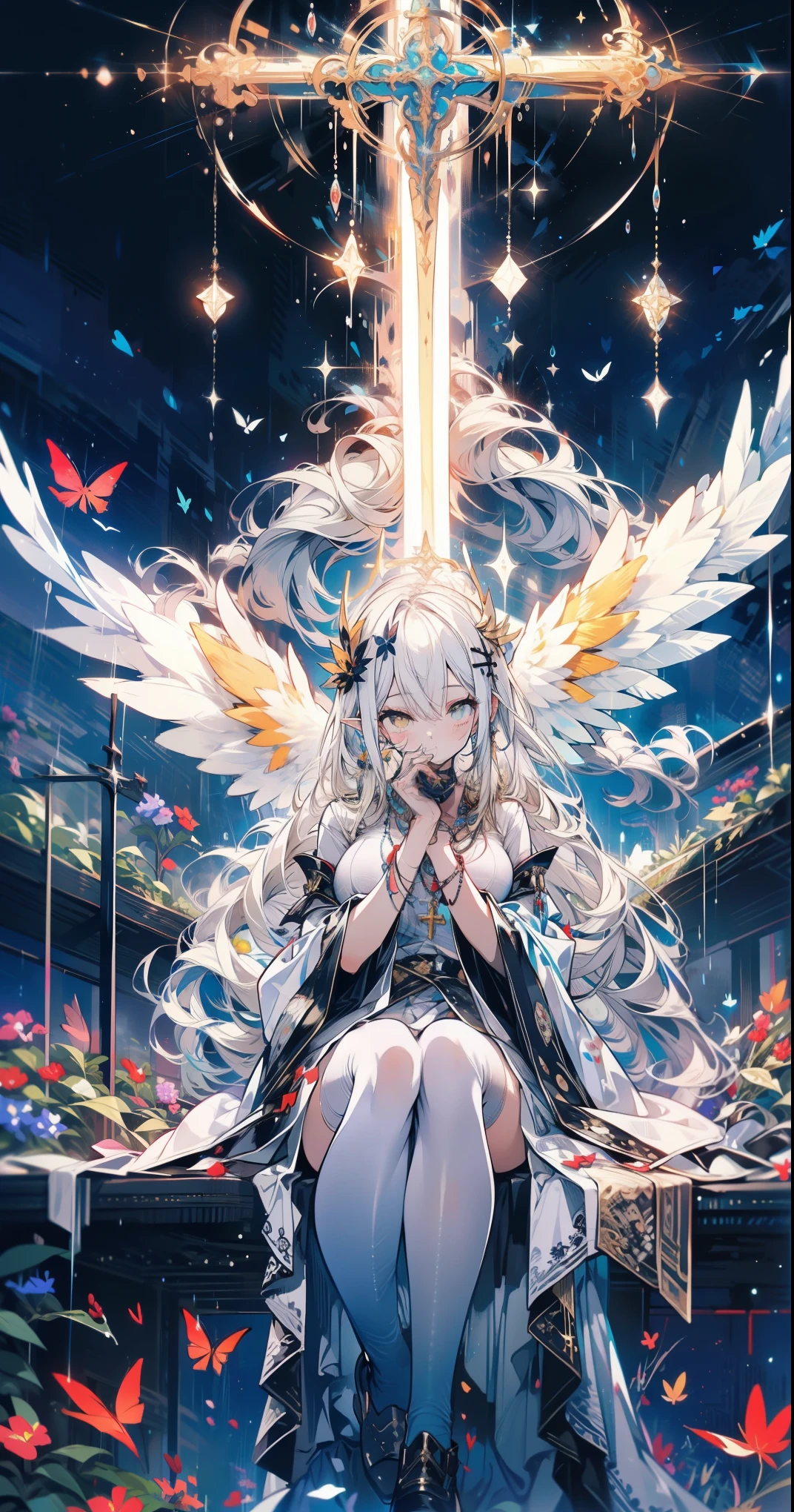 (((masterpiece))), (((best quality)))), official art, Extremely detailed CG unified 8k wallpaper, ((sketch))), night, rain, beautiful detailed sky, galactic,starry sky background,beautiful and delicate water, Game CG, Huge file size, sketch, Report, angelic, long gray hair, combed blonde hair, wet hair, hair between eyes, hair behind ears, Carefree eyes and white eyelashes, yellow eyes, half closed eyes, footwear, halo, Cross necklace, look down, sitting, Hold the long leather hair, leaf hair accessories, in the forest, lakeside, ((Big breasts))), ((( white robe))), long sleeve dynamo, White eye mask, Elf ears and golden wings are more yellow