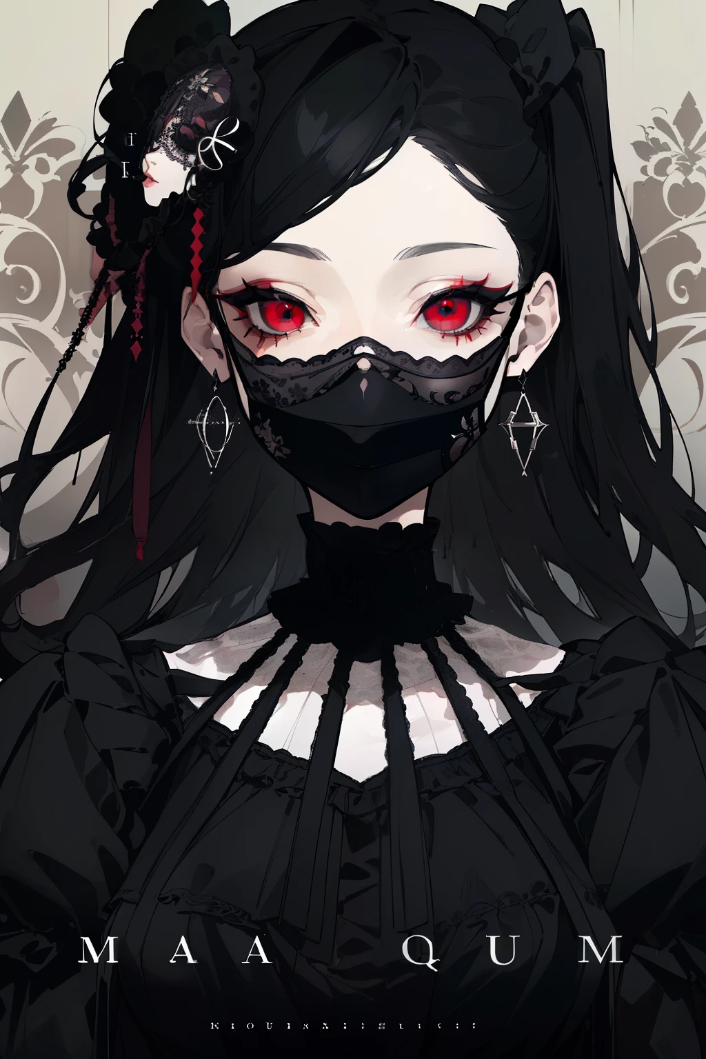 (highest quality、masterpiece:1.2), ((mature woman))huge , adult face、black hair、two side up、red eyes, (mouth mask, cover half of the face) (dark eye shadow、lots of earrings) gothic dress, black dress, victorian dress