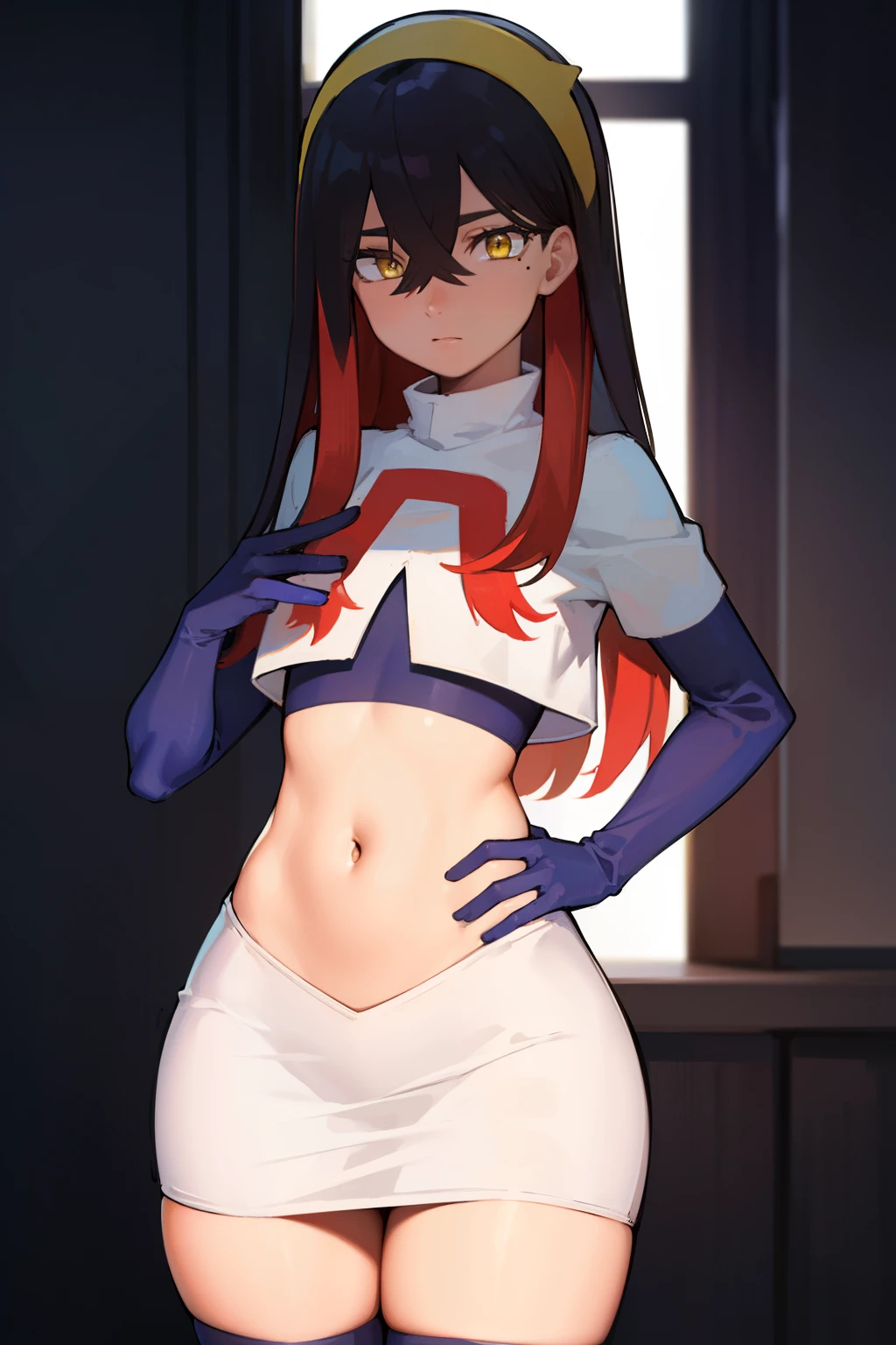 pokemoncarmine, pokemoncarmine, black hair, colored inner hair, crossed bangs, hair between eyes, hairband, long hair, mole, mole under eye, multicolored hair, red hair, sidelocks, two-tone hair, (yellow eyes:1.5), yellow hairband,
BREAK team rocket,team rocket uniform,red letter R, white skirt,crop top, black thigh-highs,black elbow gloves
BREAK looking at viewer, (cowboy shot:1.5),
BREAK (masterpiece:1.2), best quality, high resolution, unity 8k wallpaper, (illustration:0.8), (beautiful detailed eyes:1.6), extremely detailed face, perfect lighting, extremely detailed CG, (perfect hands, perfect anatomy),
