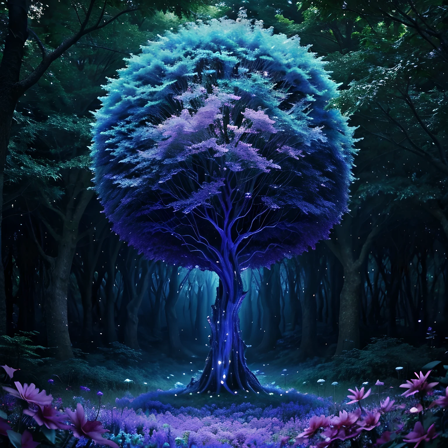 huge crystal tree in a lush dreamy/alien forest creating a sense of mystique and enchantment, enchanting and dreamy scene, lots of blues and purples, real, extremely detailed, 8k, high quality, depth of field, photorealist, flowers