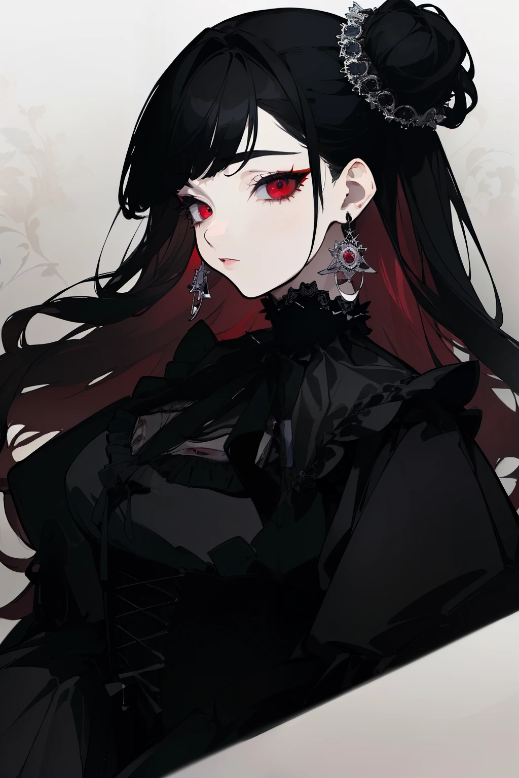 (highest quality、masterpiece:1.2), ((mature woman))huge , adult face、black hair、two side up、red eyes, (dark eye shadow、lots of earrings) gothic dress, black dress, victorian dress