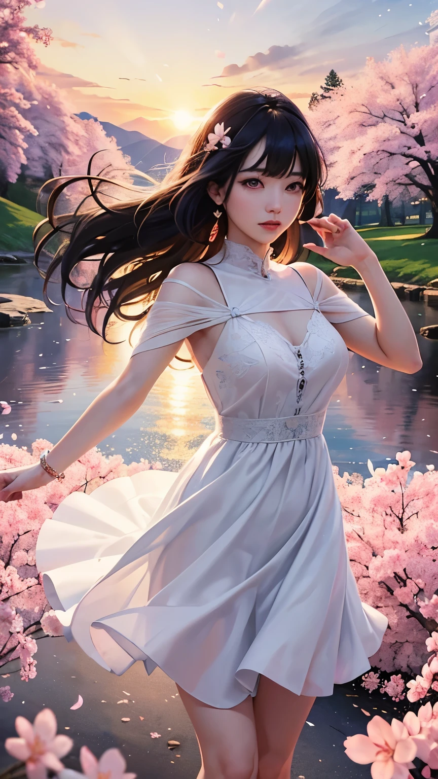 (logo、masterpiece、8K、table top、RAW photo、wonderful、最high quality、フォトリアリスティックでvery detailedな CG 統合 8k 壁紙、high quality、very detailed、narrative poem、particle effects、dynamic effects、Depth of bounds written、cinematic light、Lens flare、ray tracing)、fantasy、 (1 beautiful woman、dress、dress、cherry blossom pattern、black haired、beautiful face、real face、beautiful details eyes beautiful skin)、髪がWindで踊る、Hair flutters in Wind、hair jump、pink cherry tree、petals dance、SakuraFubuki、wonderful景色、sunrise、sun on background、Wind