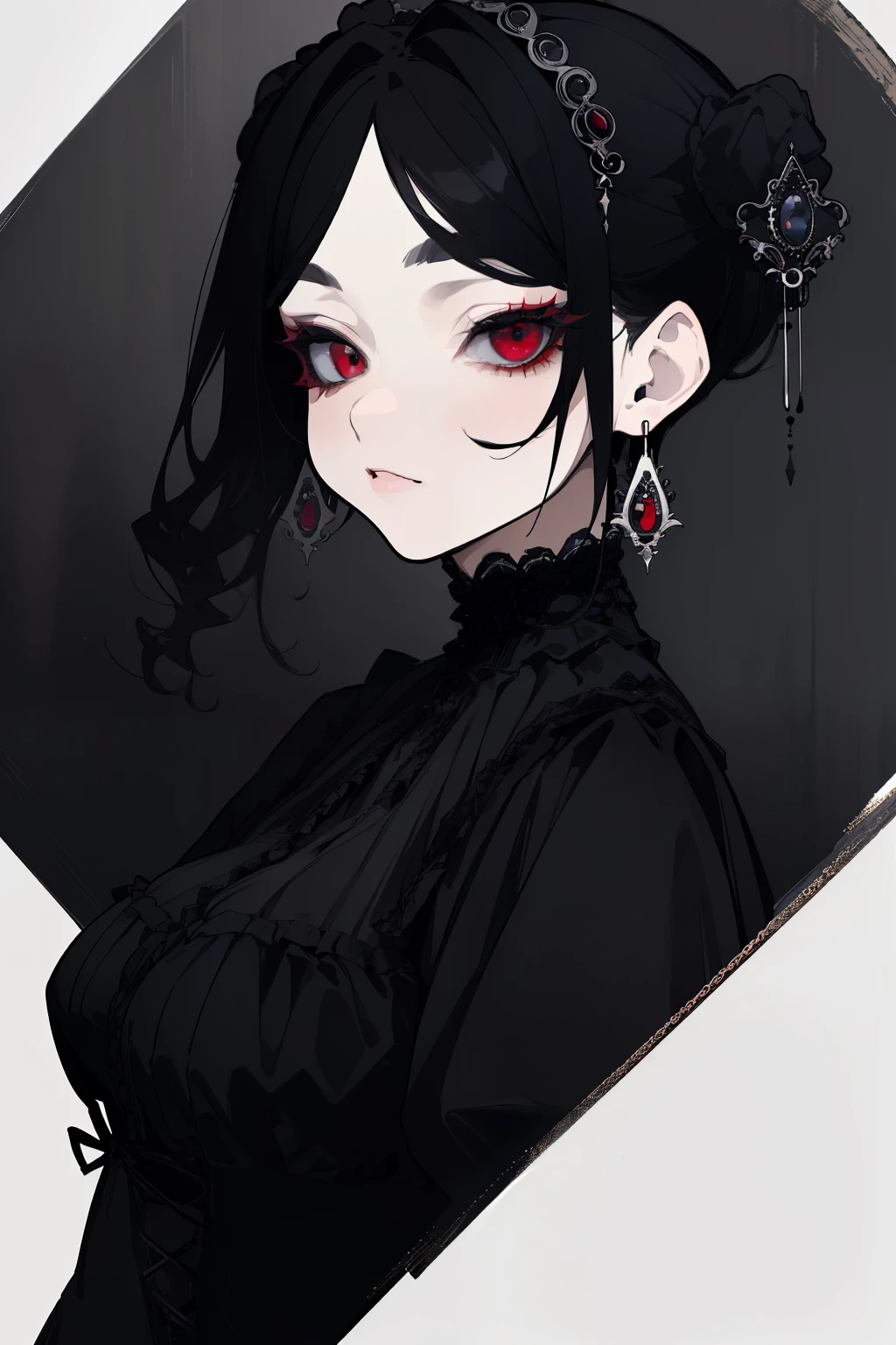 (highest quality、masterpiece:1.2), ((mature woman))huge , adult face、black hair、two side up、red eyes, (dark eye shadow、lots of earrings) gothic dress, black dress, victorian dress