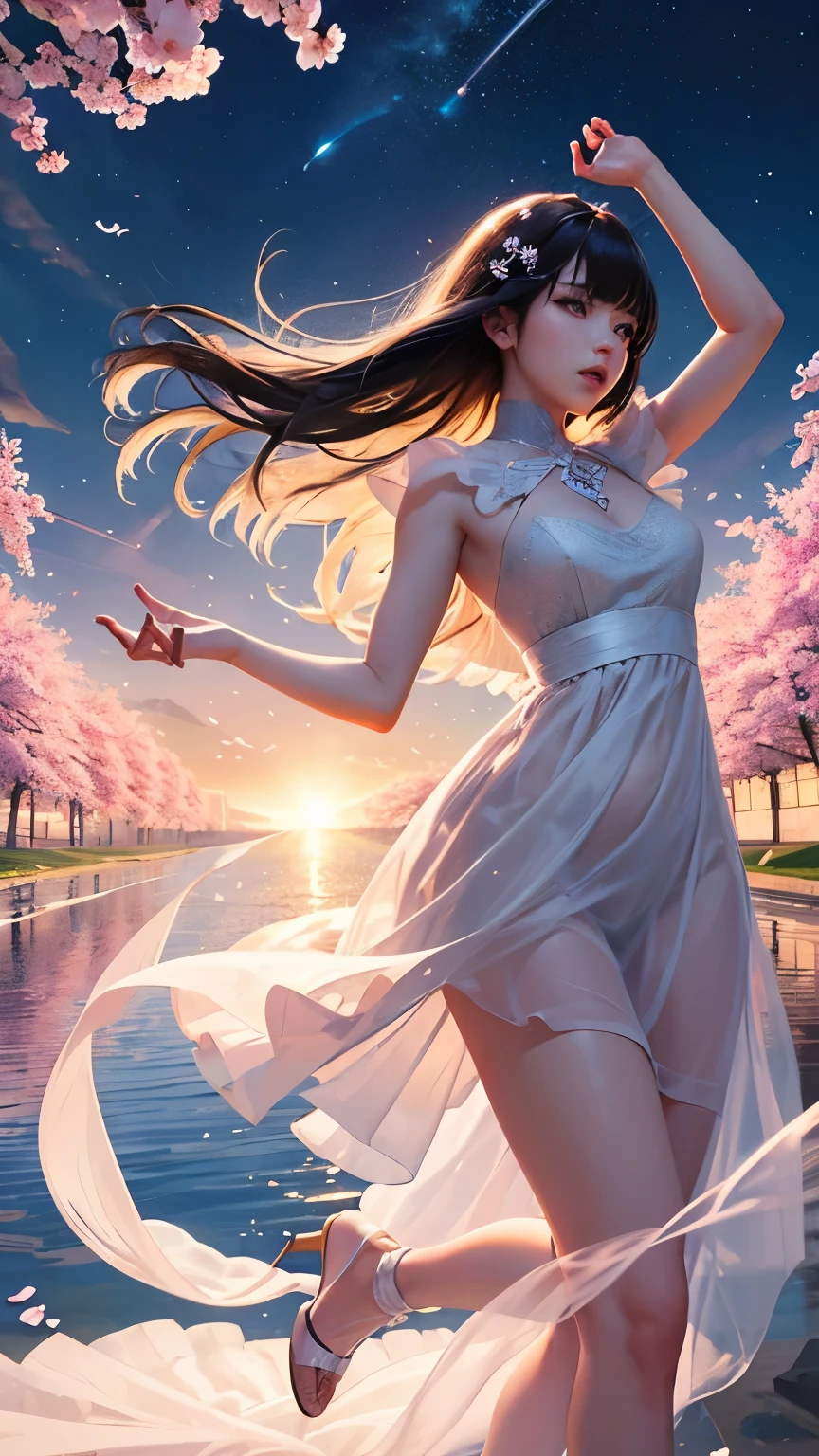 (logo、masterpiece、8K、table top、RAW photo、wonderful、最high quality、フォトリアリスティックでvery detailedな CG 統合 8k 壁紙、high quality、very detailed、narrative poem、particle effects、dynamic effects、Depth of bounds written、cinematic light、Lens flare、ray tracing)、fantasy、 (1 beautiful woman、dress、dress、cherry blossom pattern、black haired、beautiful face、real face、beautiful details eyes beautiful skin)、髪がWindで踊る、Hair flutters in Wind、hair jump、pink cherry tree、petals dance、SakuraFubuki、wonderful景色、sunrise、sun on background、Wind